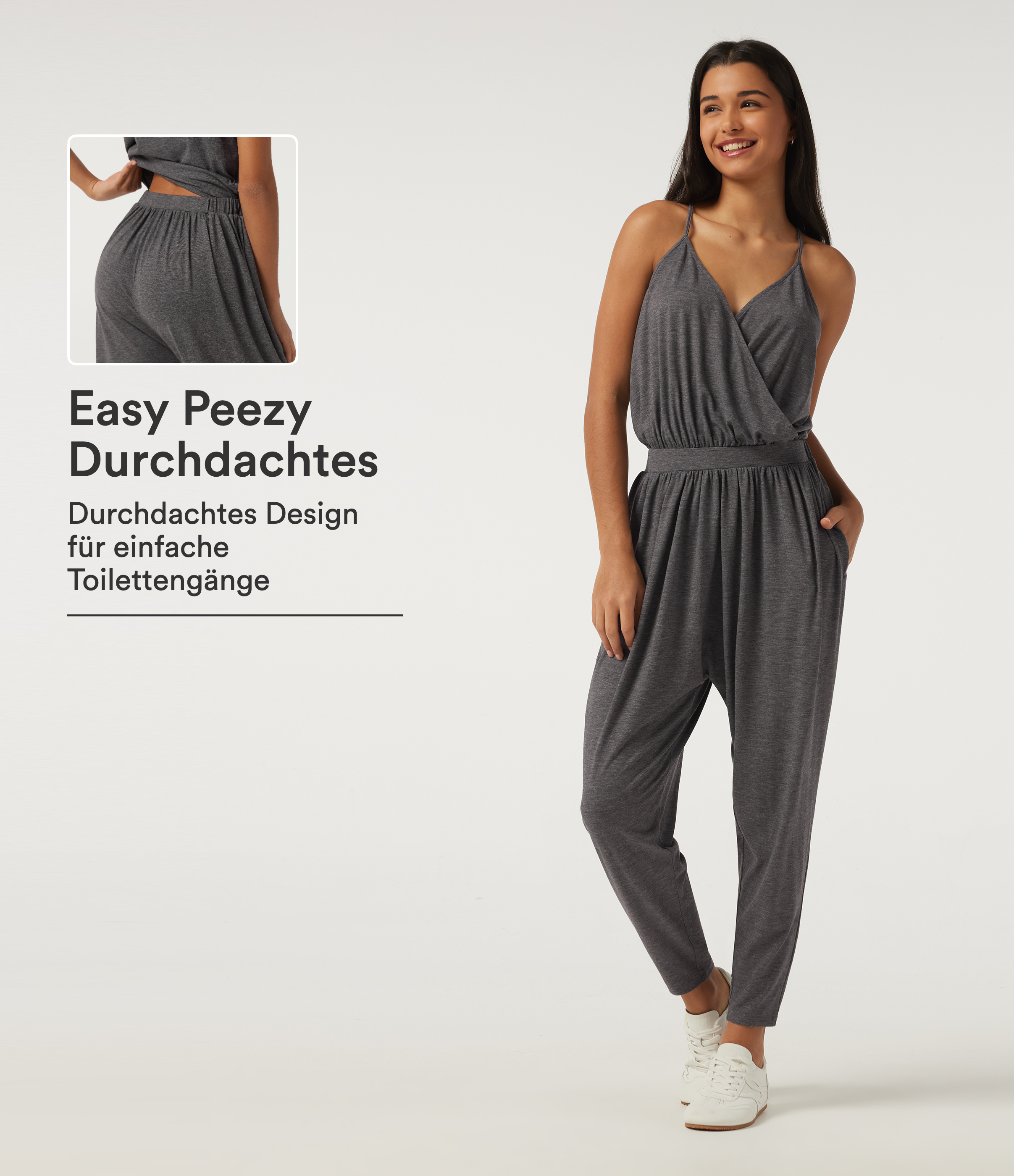Ärmelloser, schmal zulaufender Jumpsuit mit überkreuztem V-Ausschnitt und Seitentaschen - Easy Peezy Edition