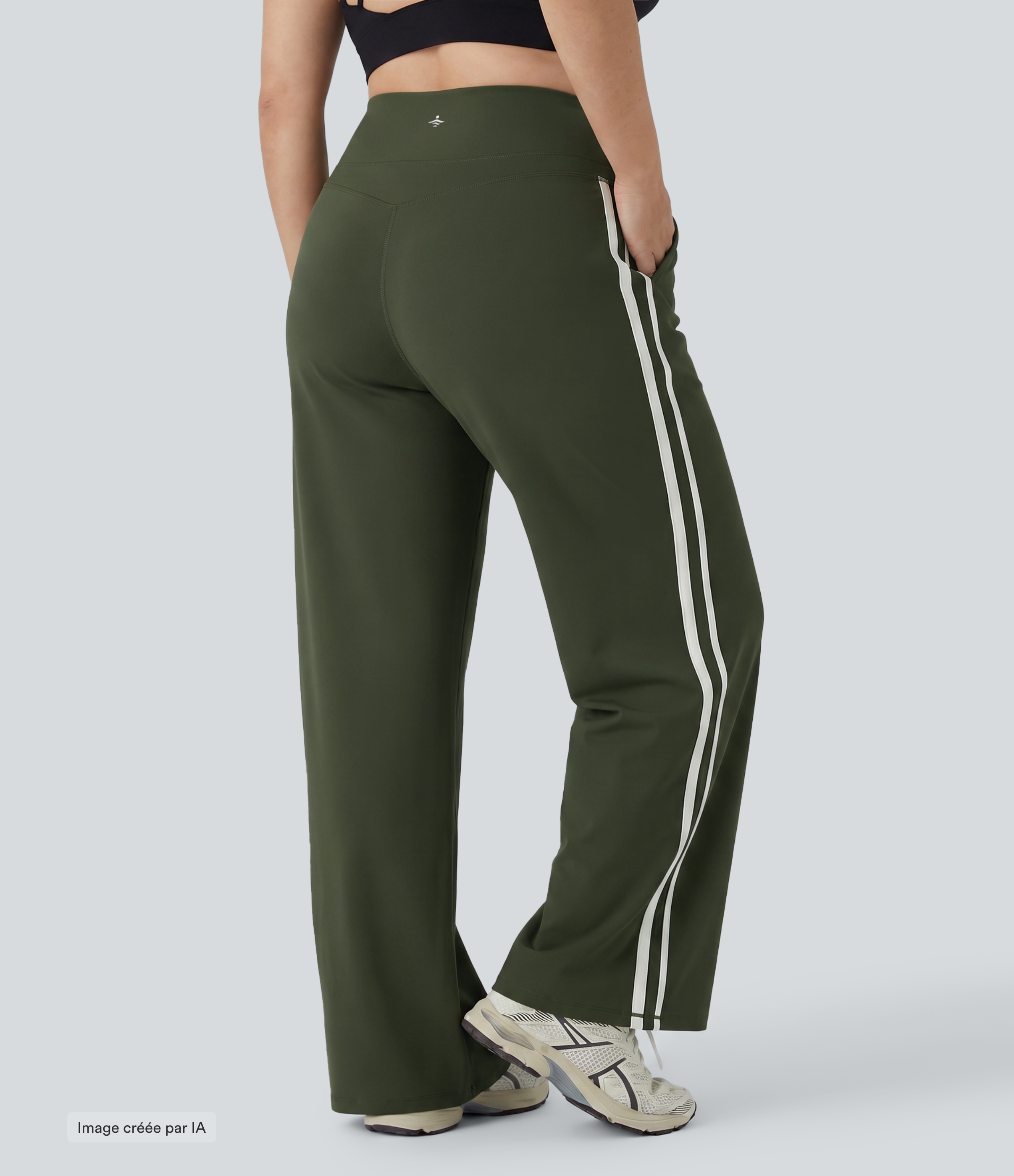 Deep Woodland Green Pantalon de yoga baggy grande taille Halara UltraSculpt™ taille haute gainant à rayures color block avec poches / 2