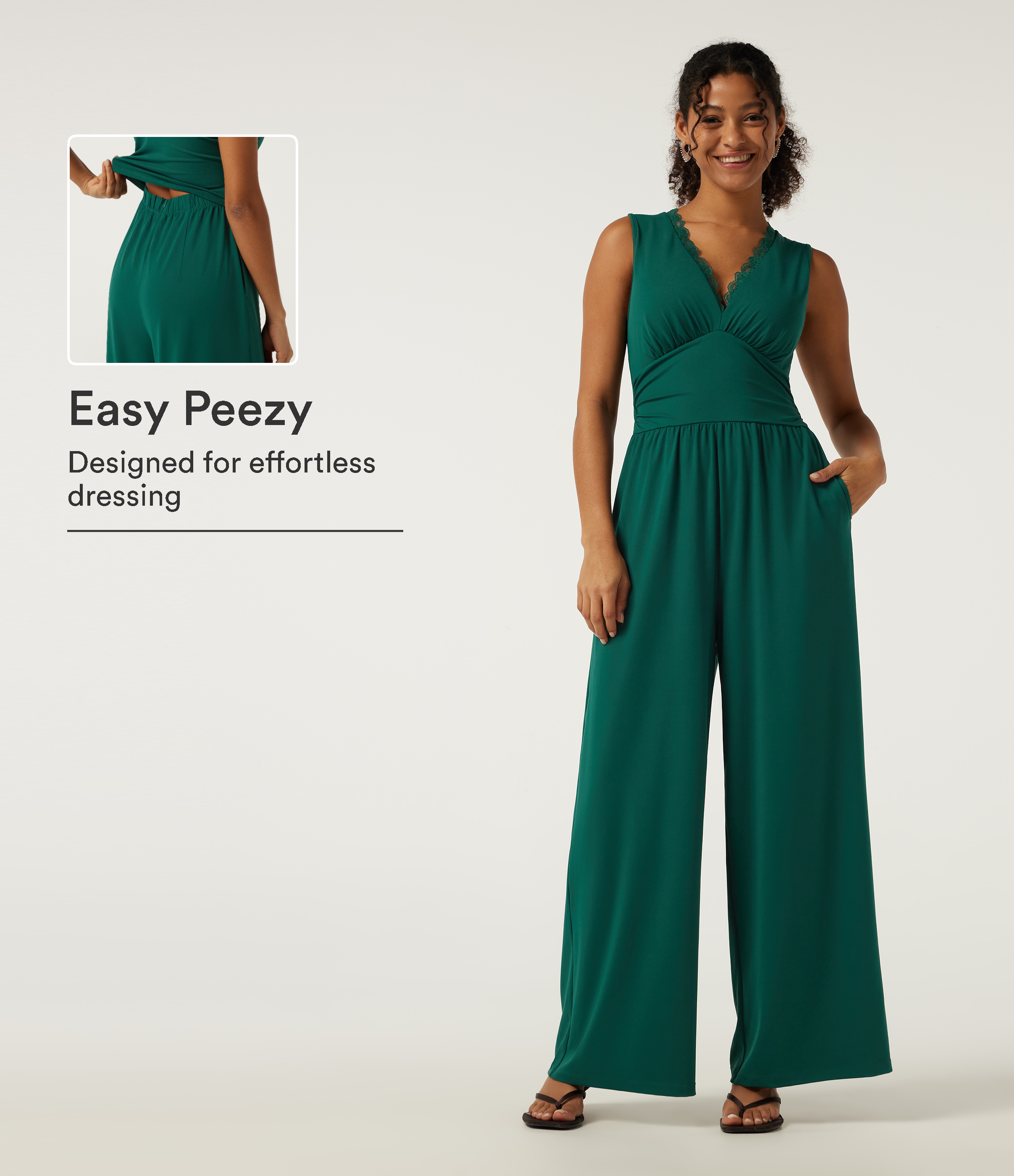 Deep V Neck Sleeveless Slim Contrast Lace Party Wide Leg Jumpsuits with Built-in Bra and Pockets - Easy Peezy Edition