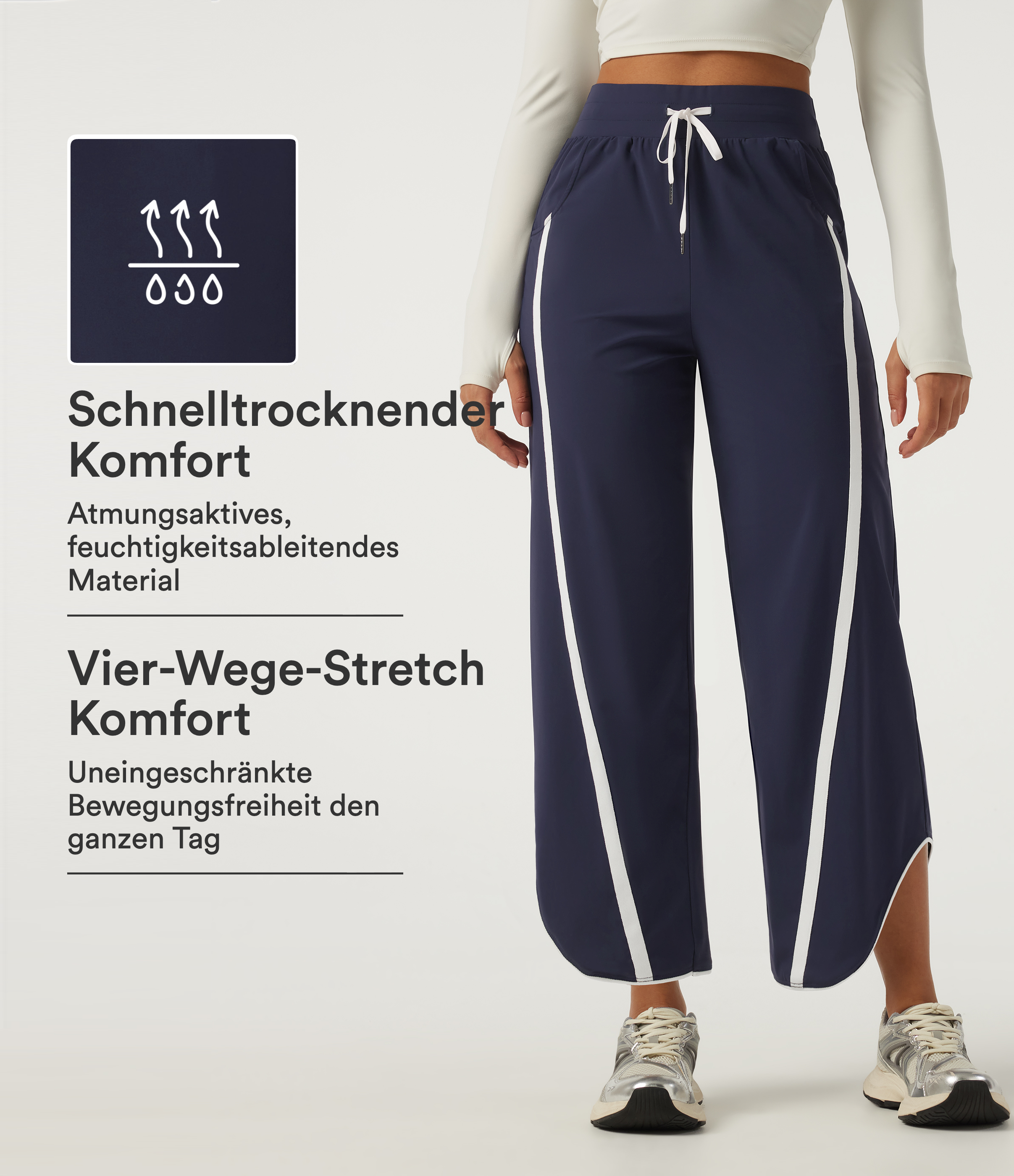 Tennishose mit hohem Bund, mehreren Taschen, Kordelzug, InstantCool, Farbblock, abgerundetem Saum und weitem Bein - UPF40+, schnelltrocknend