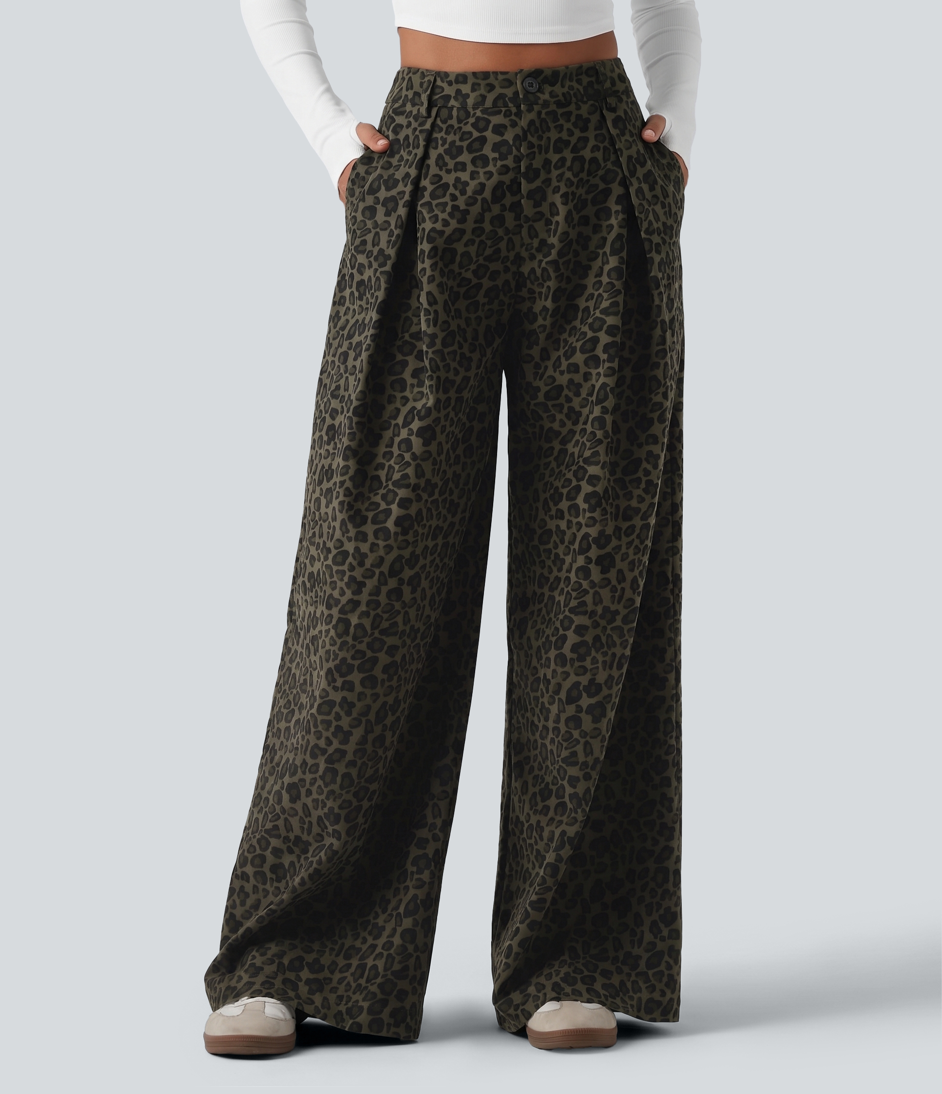 Mid Rise Wide Leg Baggy Leopard Print Casual Pants with Pockets