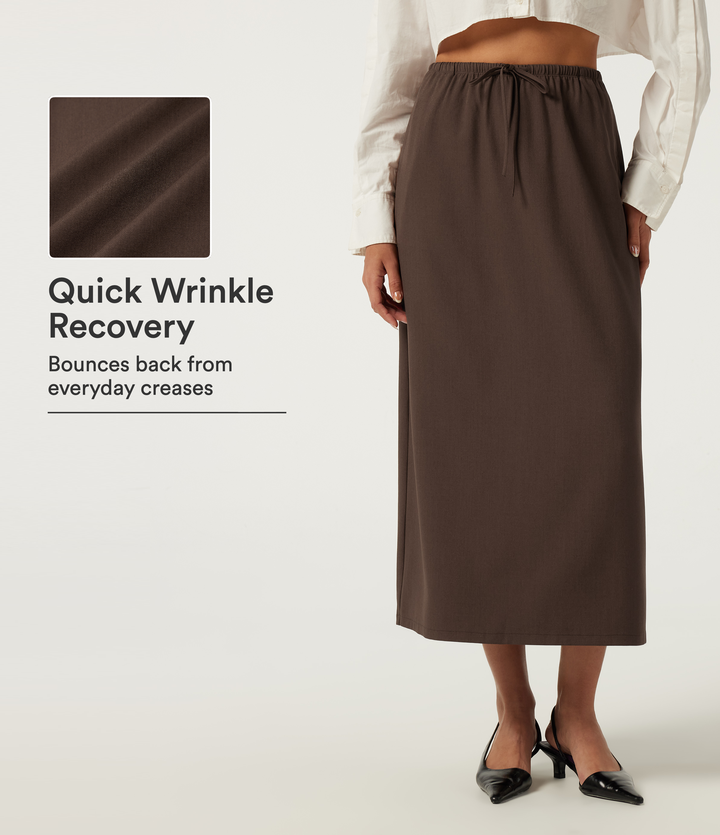 Wrinkle Recovery High Waisted Drawstring Work Midi Skirt with Pockets