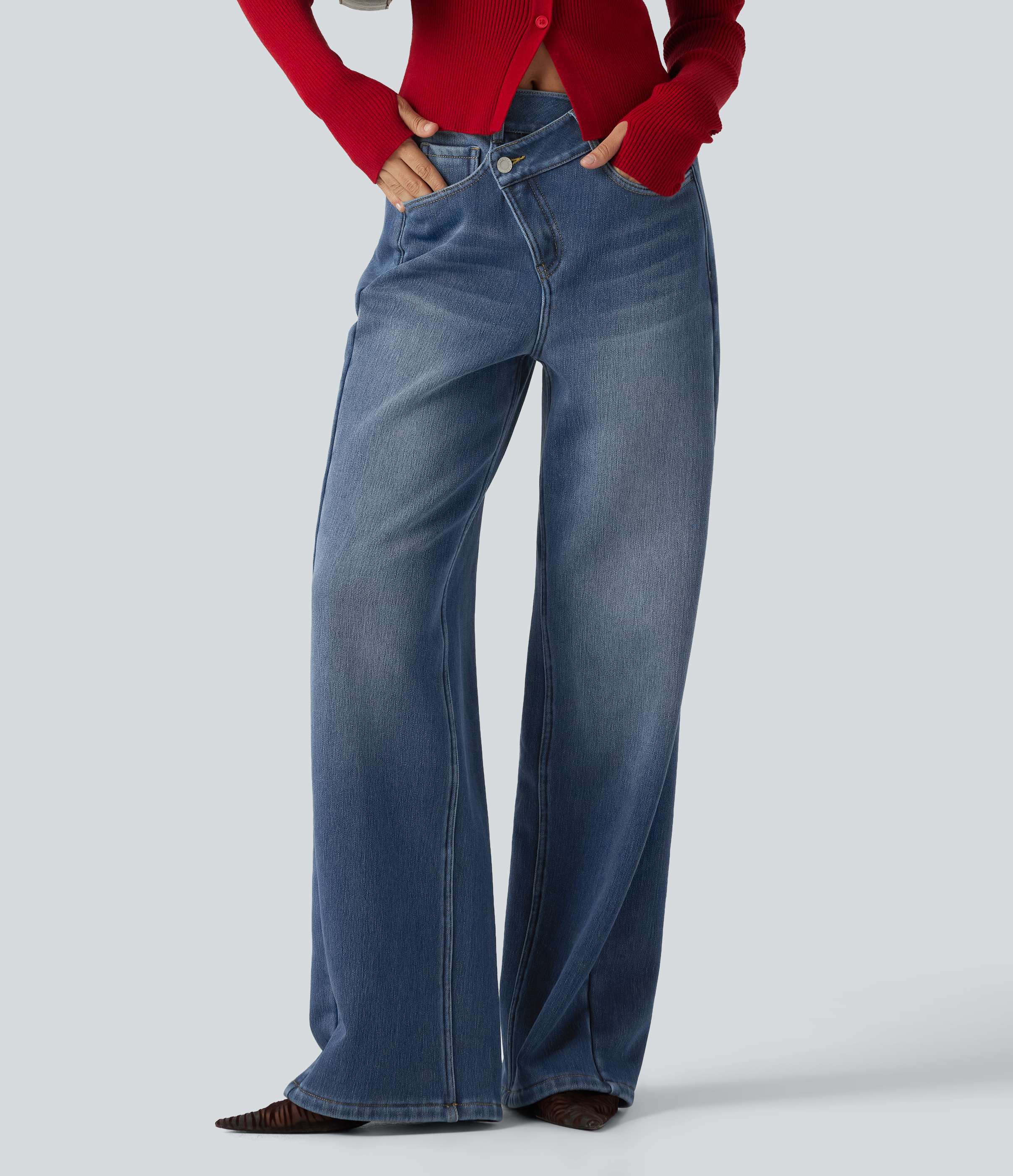 High Waisted Asymmetric Baggy Fleece Casual Cotton Jeans with Pockets