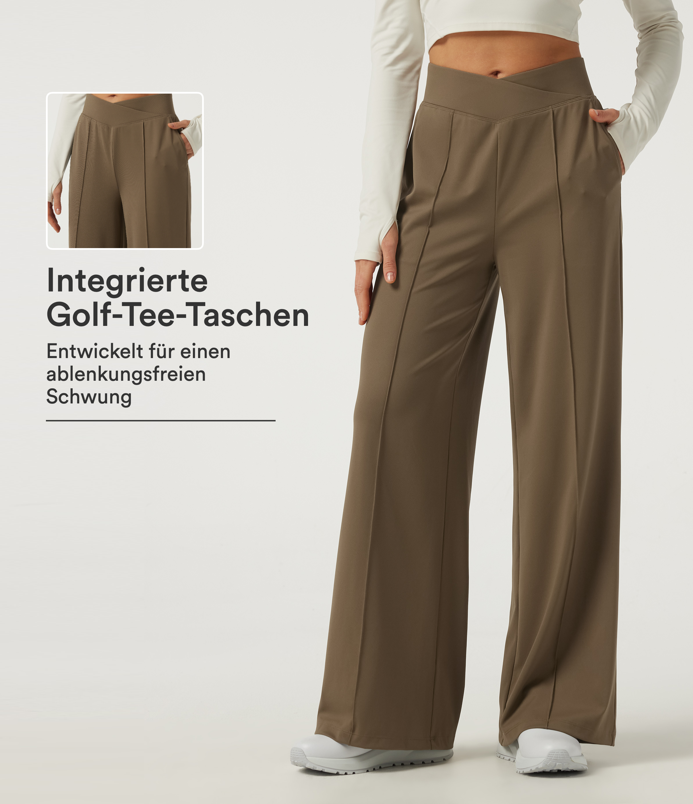 Golfhose mit hohem Crossover-Bund, mehreren Taschen, Biesen und weitem Bein - schnelltrocknend, UPF40+
