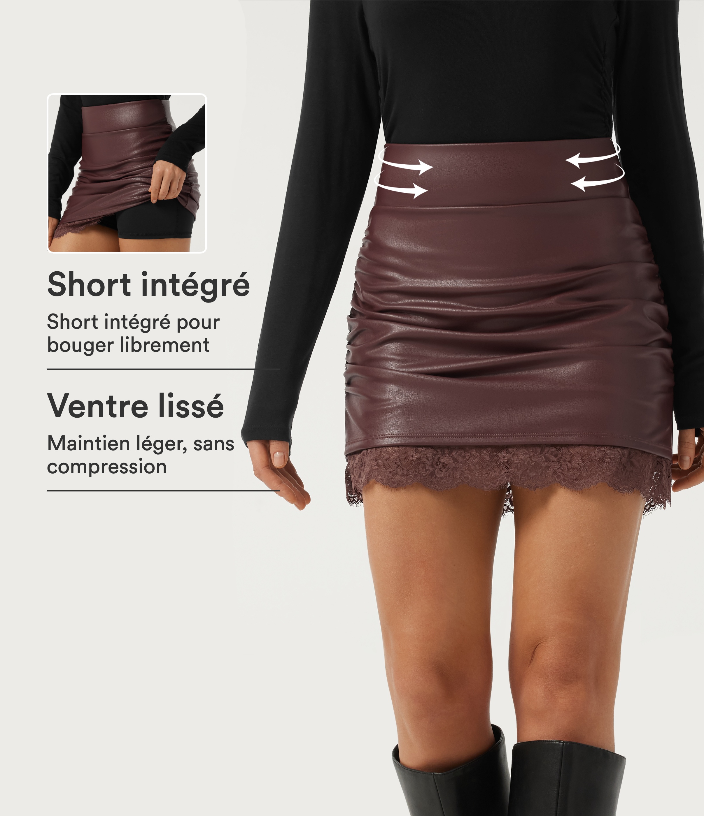 Red Mahogany Falda mini bodycon 2 en 1 de cintura alta con control de abdomen, fruncida, con encaje en contraste, en forro polar y PU / 1