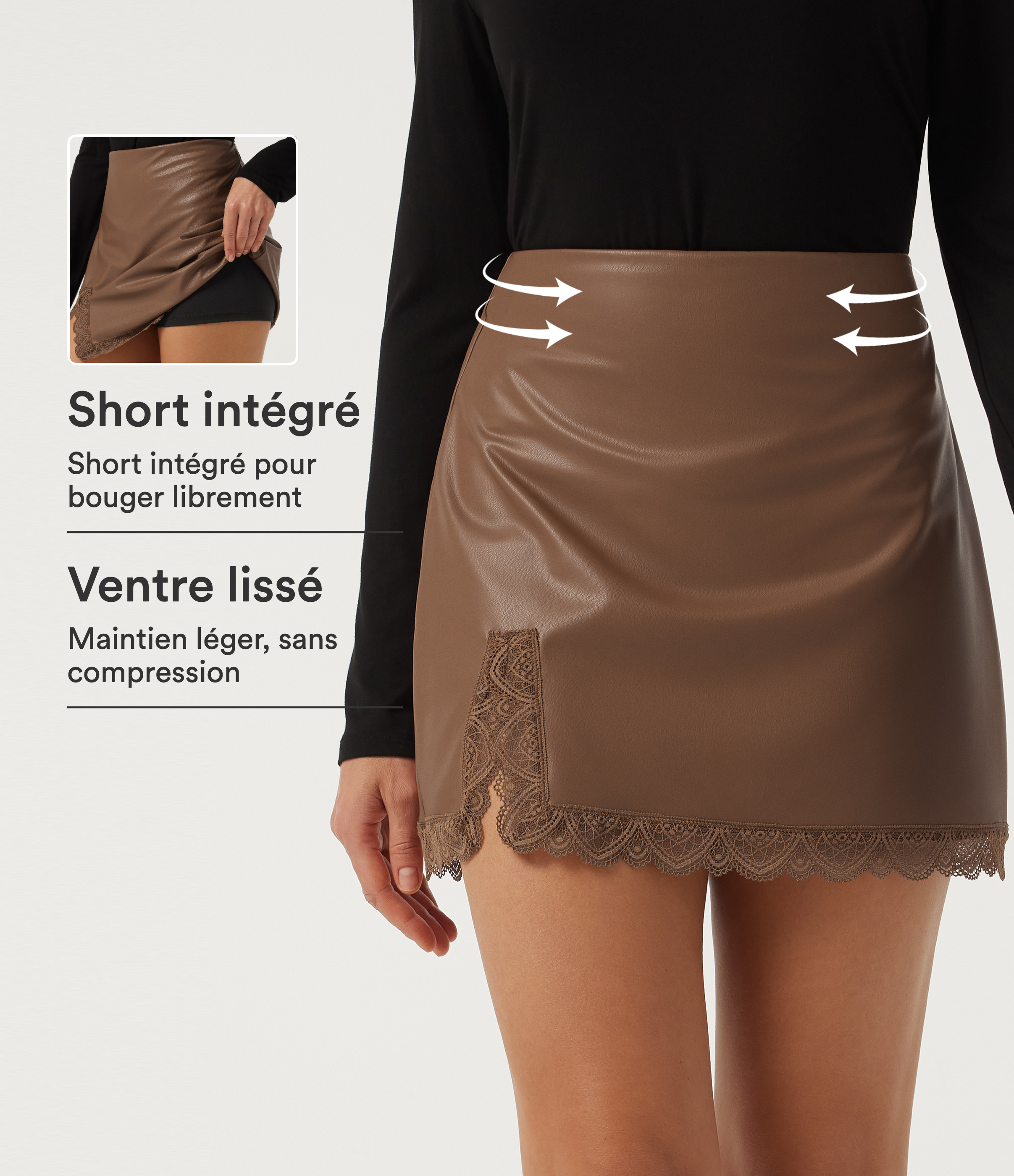 Rustic Brown Jupe-short de soirée en simili doublée polaire taille haute gainante avec dentelle contrastante / 1