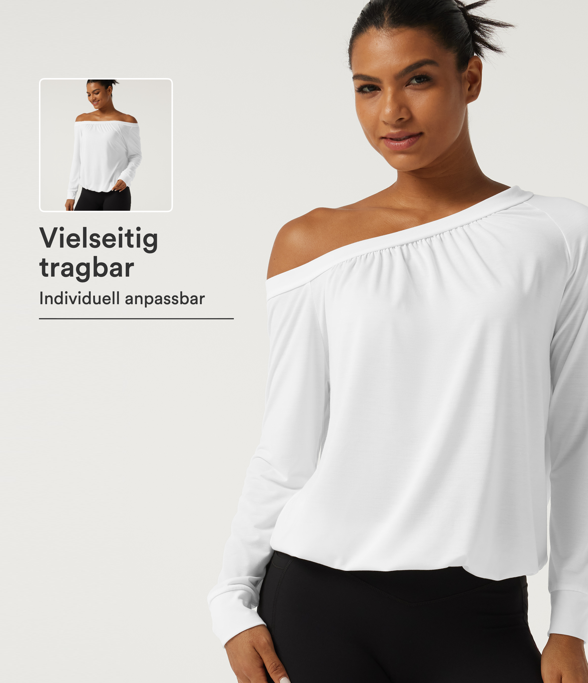 Weiß Gerafftes Yoga-Sport-Top mit langen Ärmeln und One-Shoulder-Design - schnelltrocknend / 1