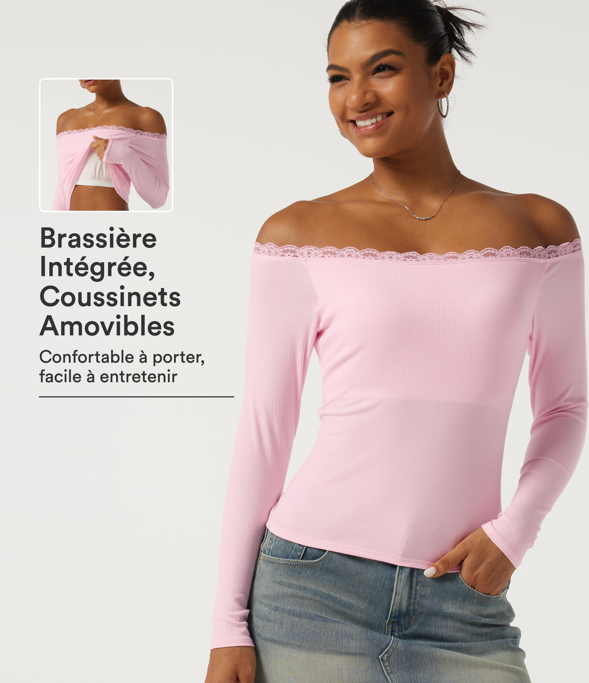 Off-the-shoulder ribbed-knit T-shirt with long sleeves, contrast lace and a built-in bra.