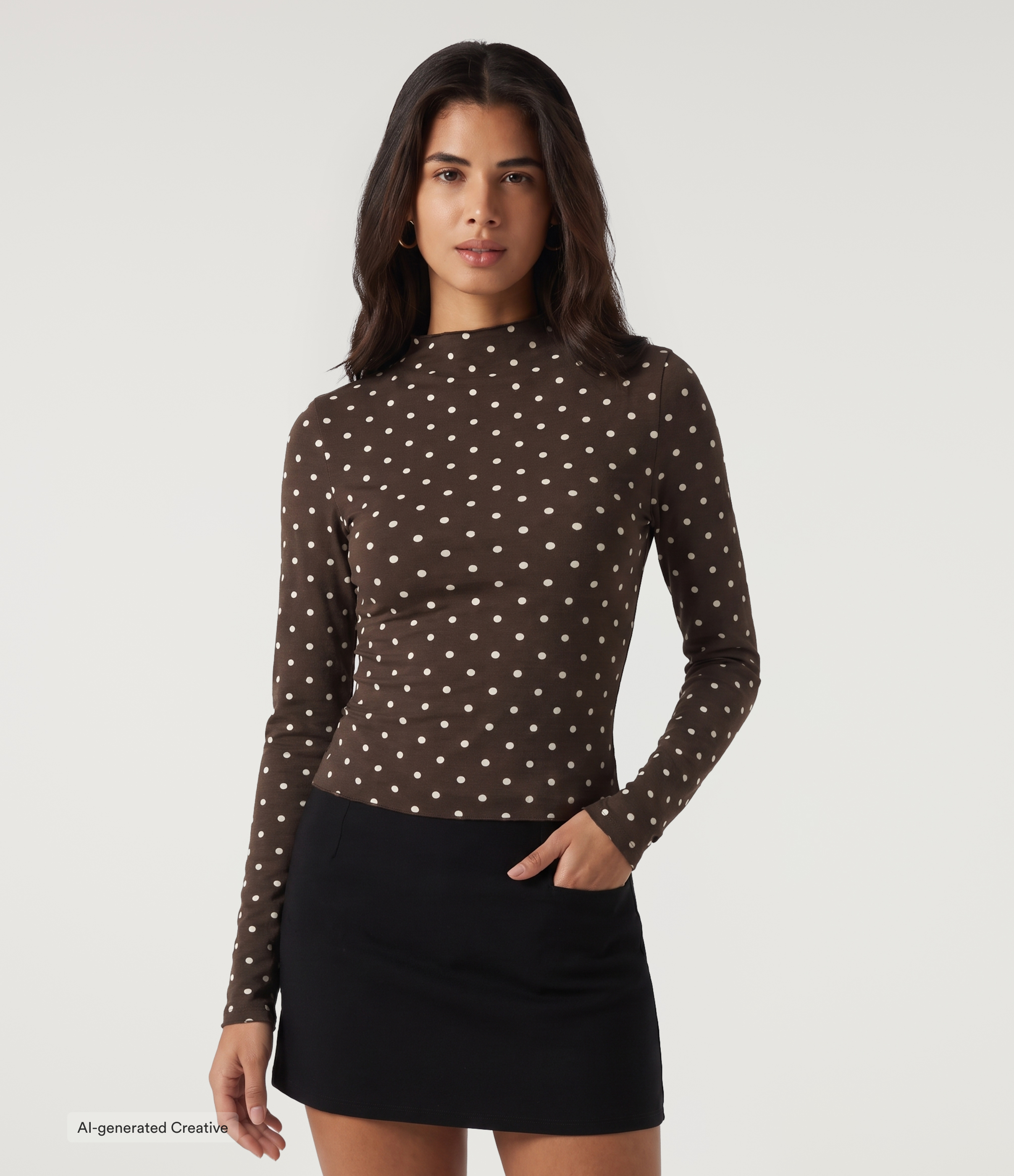 Cocoa Cream Dot Mock Neck Long Sleeve Polka Dot Slim Casual T-Shirt / 1