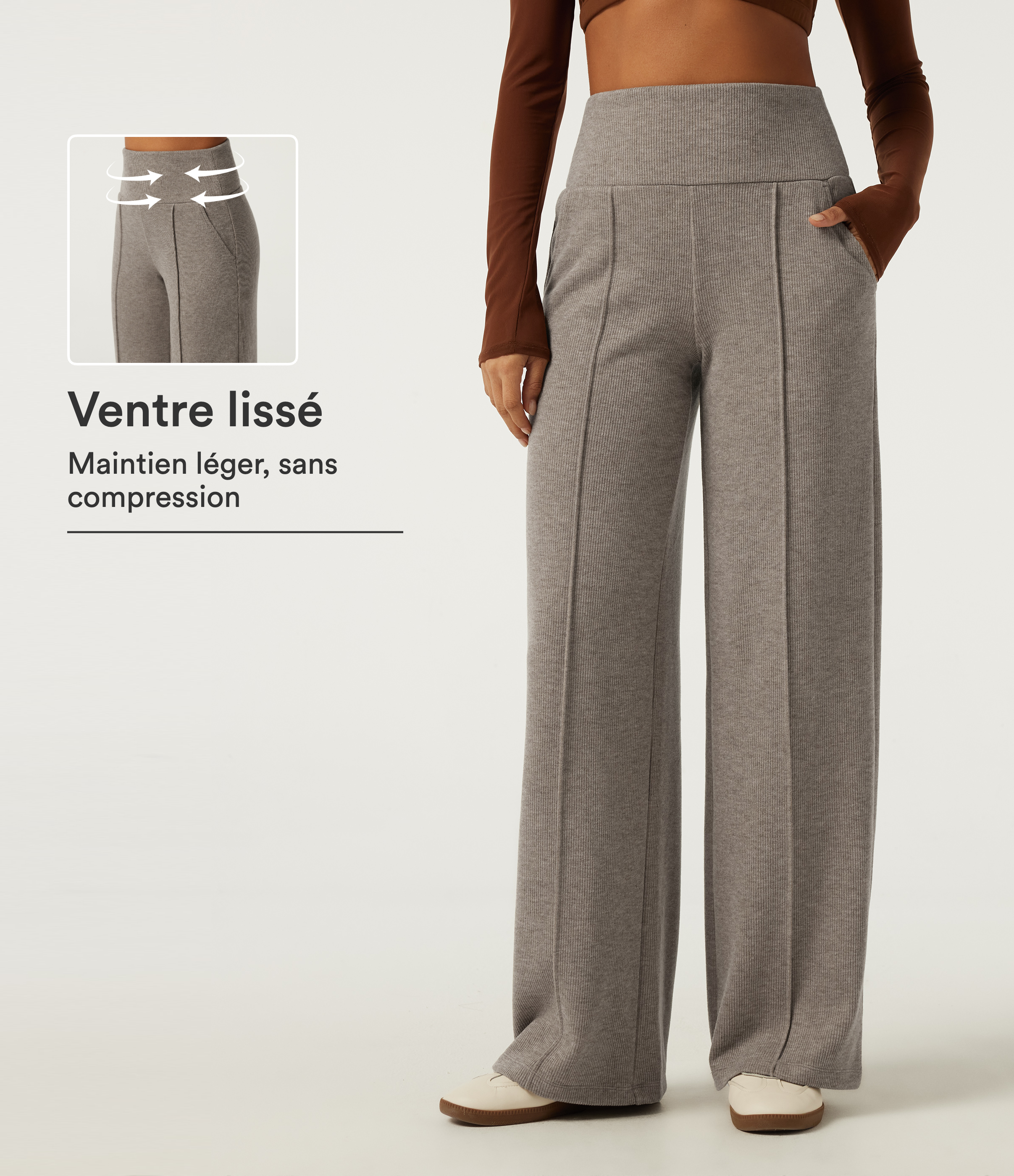 Pantalon droit en maille côtelée à taille haute gainante avec plis cousus et poches