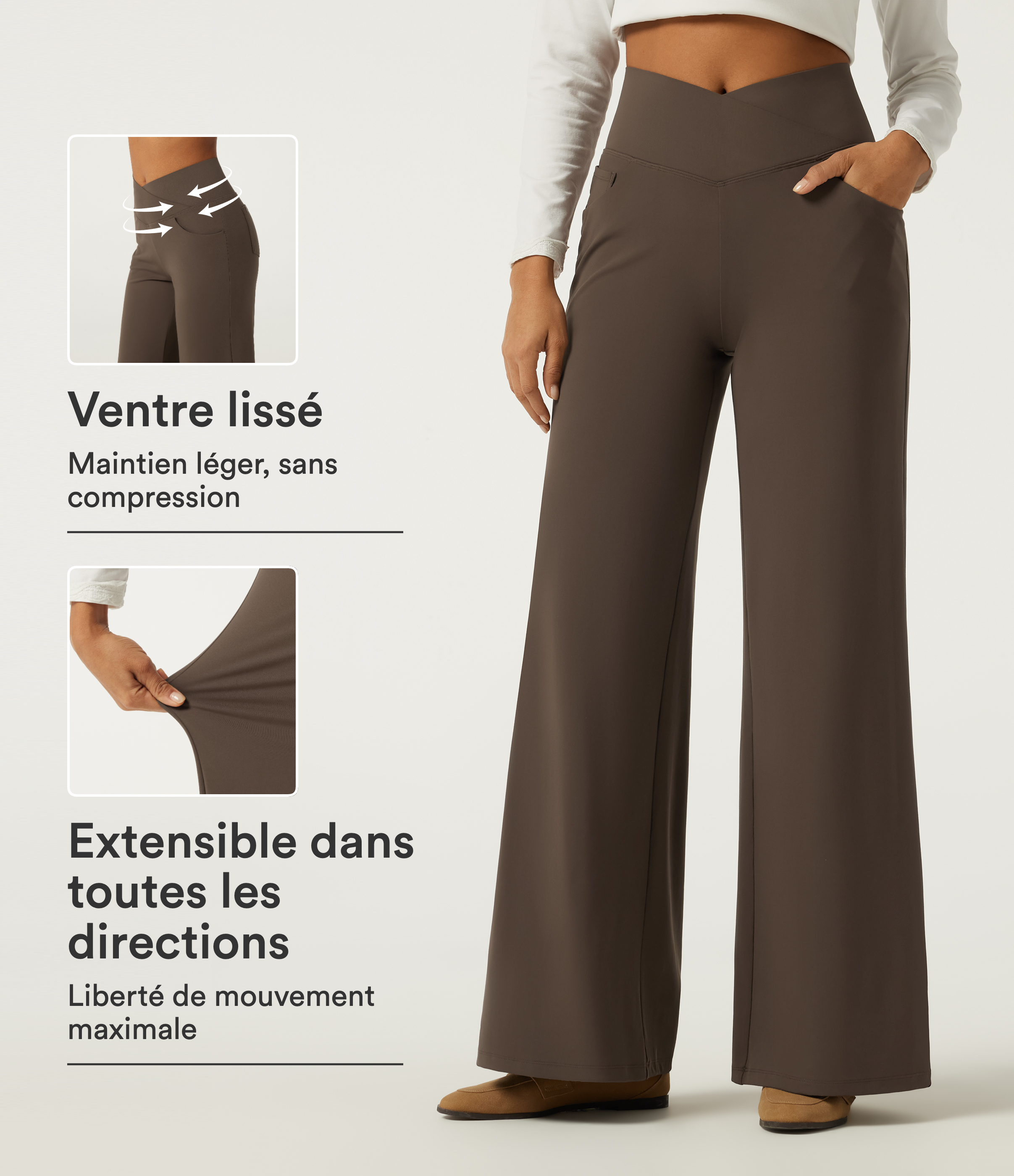 Pantalon coupe large Halara DayStretch™ à taille haute croisée et gainante avec poches