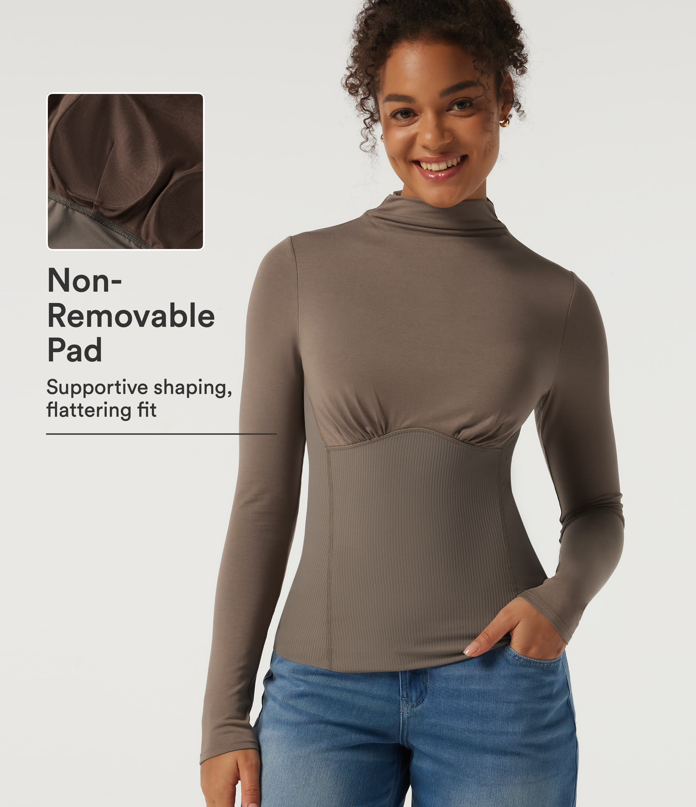 High Neck Long Sleeve Ruched Casual Top with Built-in Bra