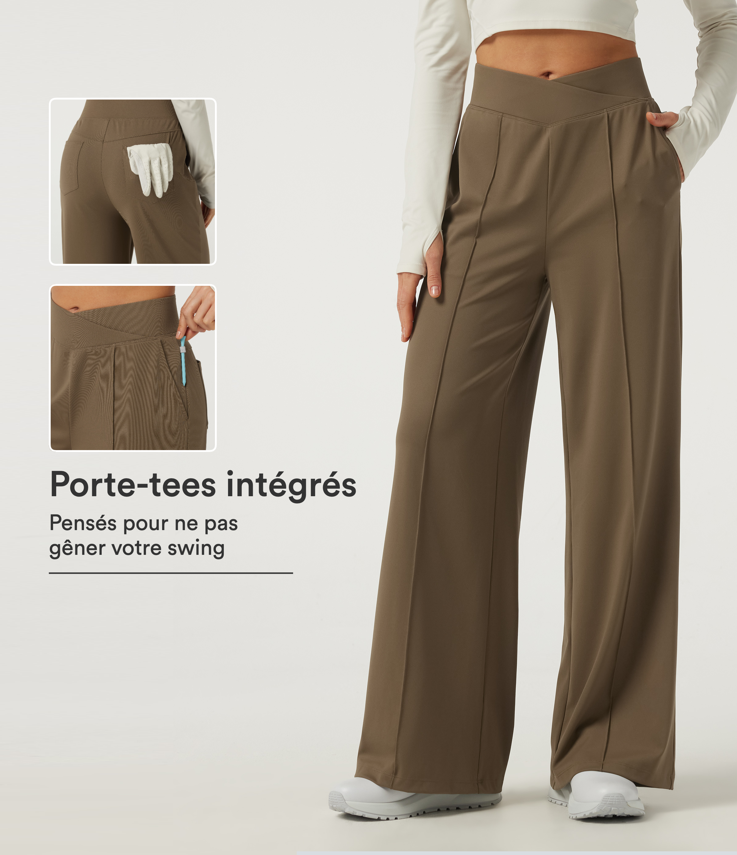 Pantalon de golf séchage rapide coupe large à taille haute croisée avec plis cousus et poches pour Tee avec protection solaire UPF40+