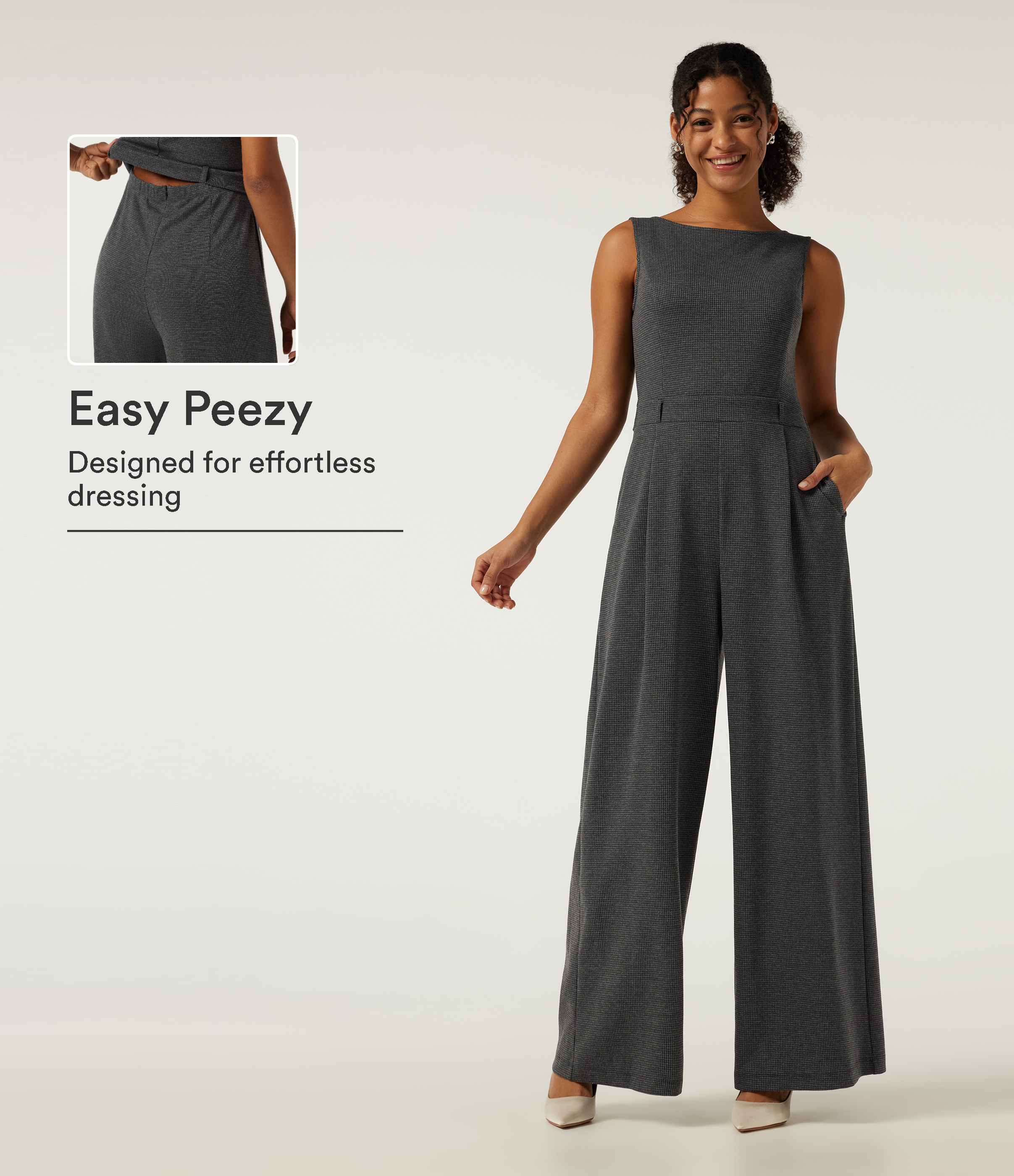 Boat Neck Sleeveless Wide Leg Houndstooth Slim Work Jumpsuits with Pockets -Easy Peezy Edition