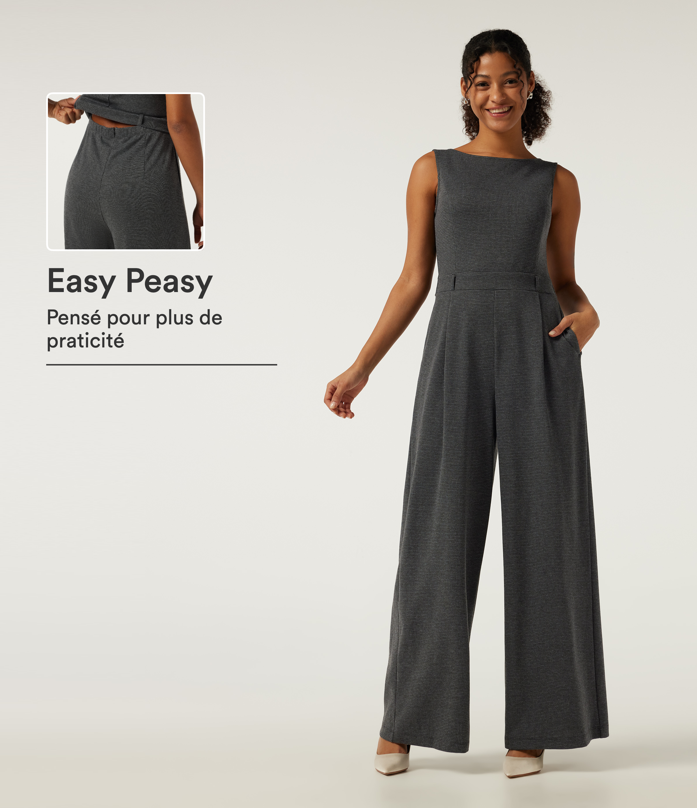Combinaison de bureau accès facile Easy Peasy sans manches à col bateau et motif pied-de-poule, coupe ajustée à jambes larges avec poches