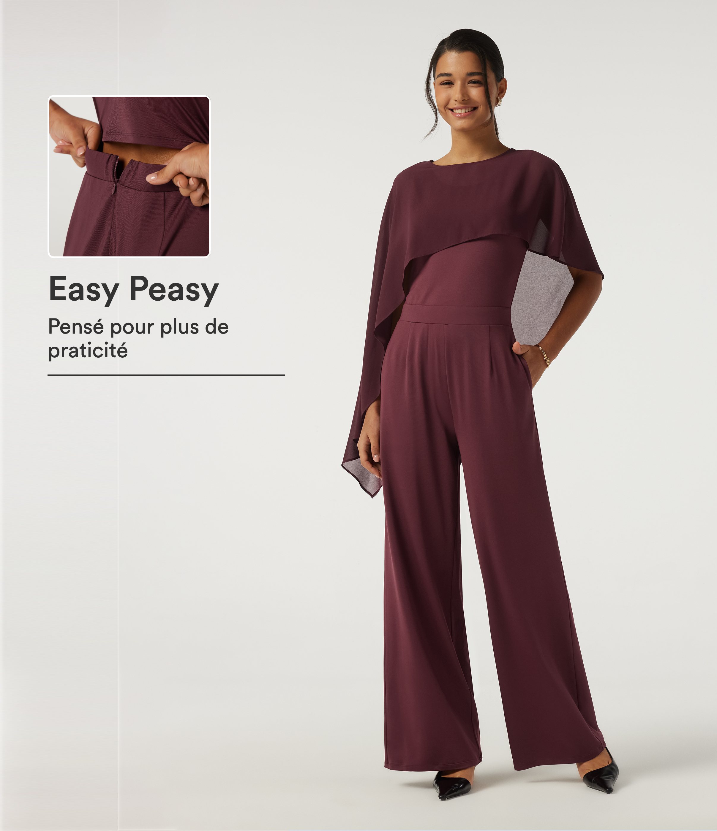 Combinaison de soirée asymétrique accès facile Easy Peasy sans manches à col rond, coupe ajustée et jambes larges avec poches