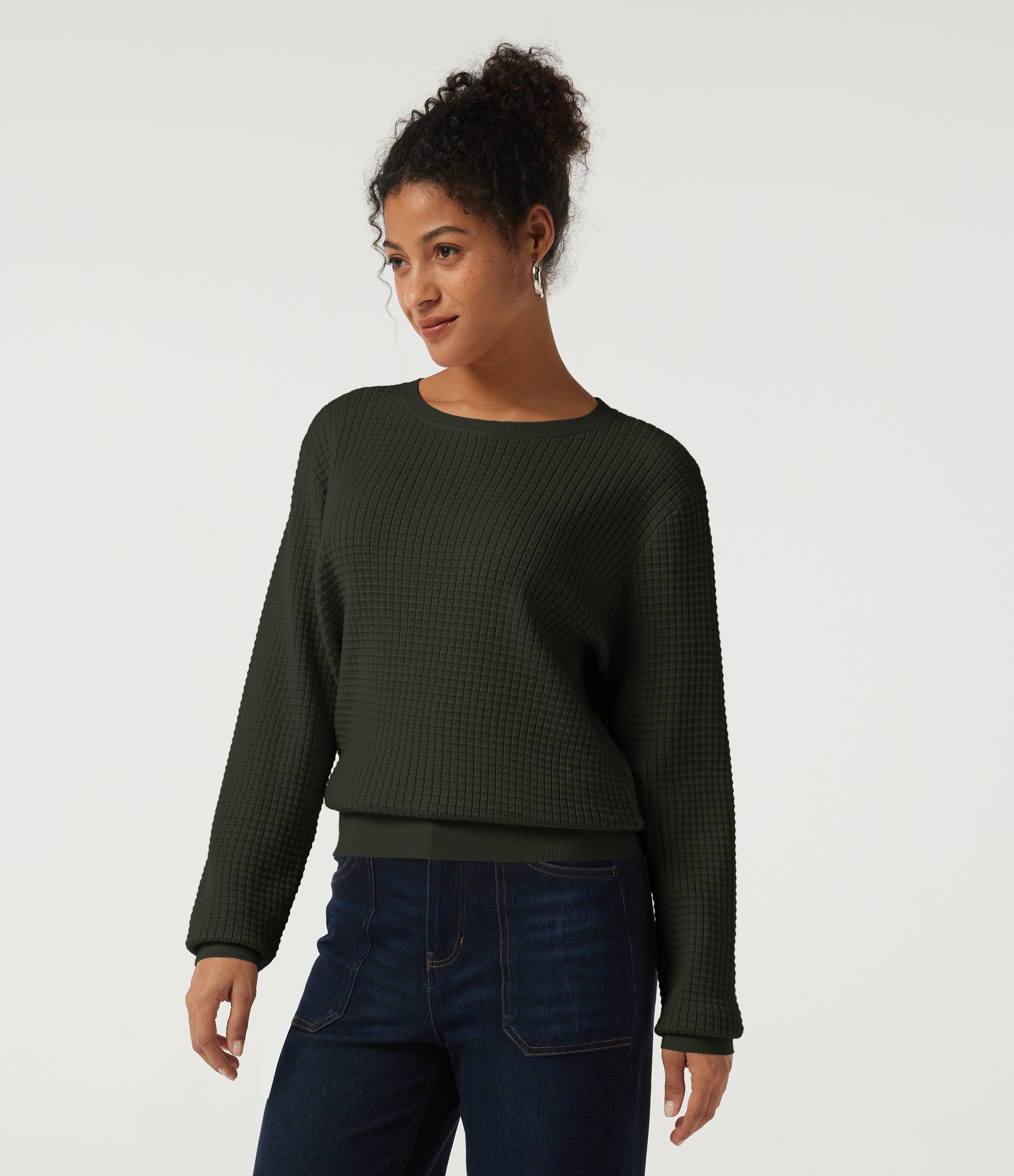 Round Neck Long Sleeve Waffle Casual Sweater