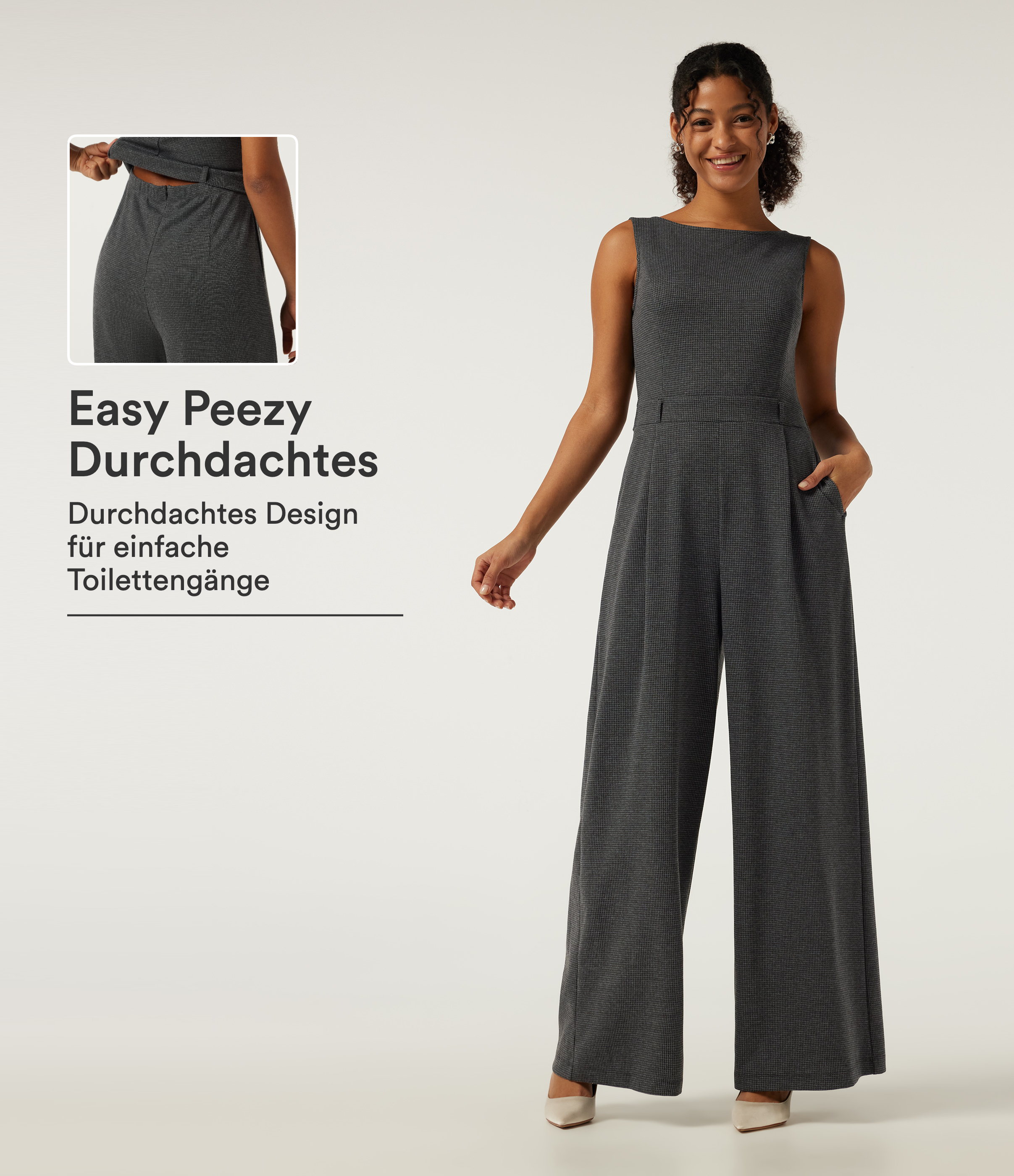 Ärmelloser Büro-Jumpsuit mit U-Boot-Ausschnitt, Seitentaschen, Hahnentrittmuster und weitem Bein - slim fit, Easy Peezy Edition