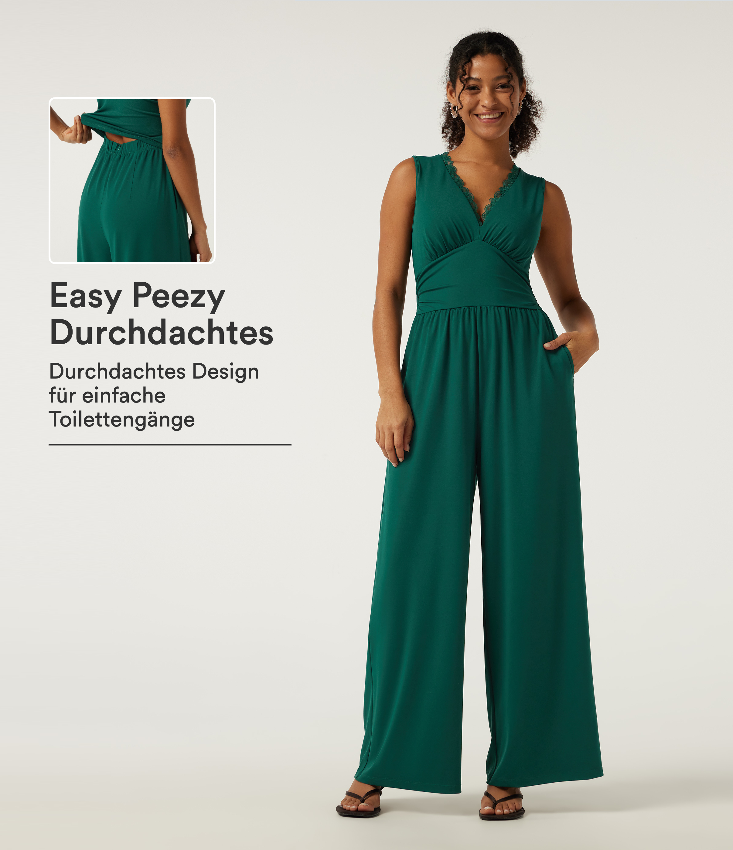 Ärmelloser, figurbetonter Jumpsuit mit tiefem V-Ausschnitt, Seitentaschen, Kontrastspitze, integriertem BH und weitem Bein - Easy Peezy Edition