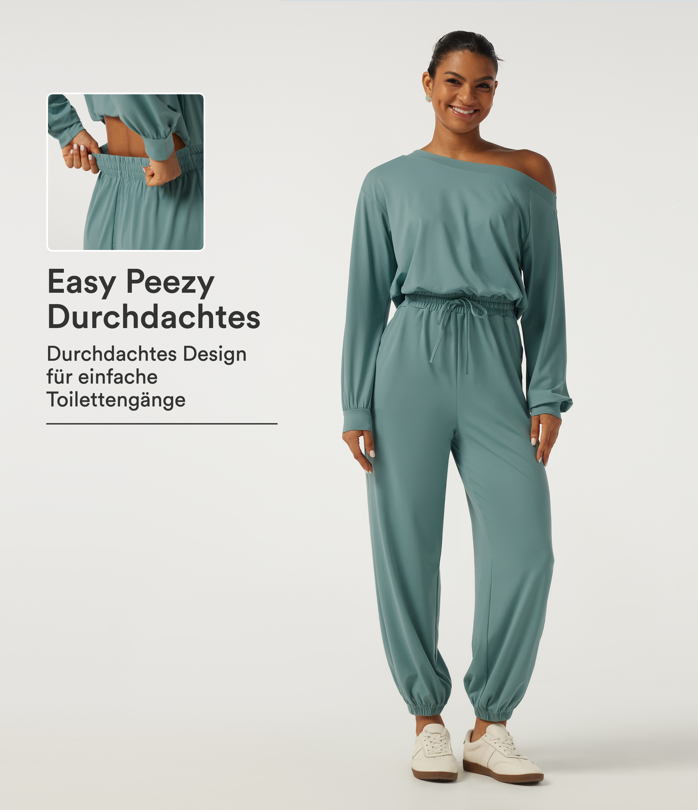 Lässiger Jumpsuit mit Seitentaschen, langen Ärmeln, Kordelzug und One-Shoulder-Design - Easy Peezy Edition