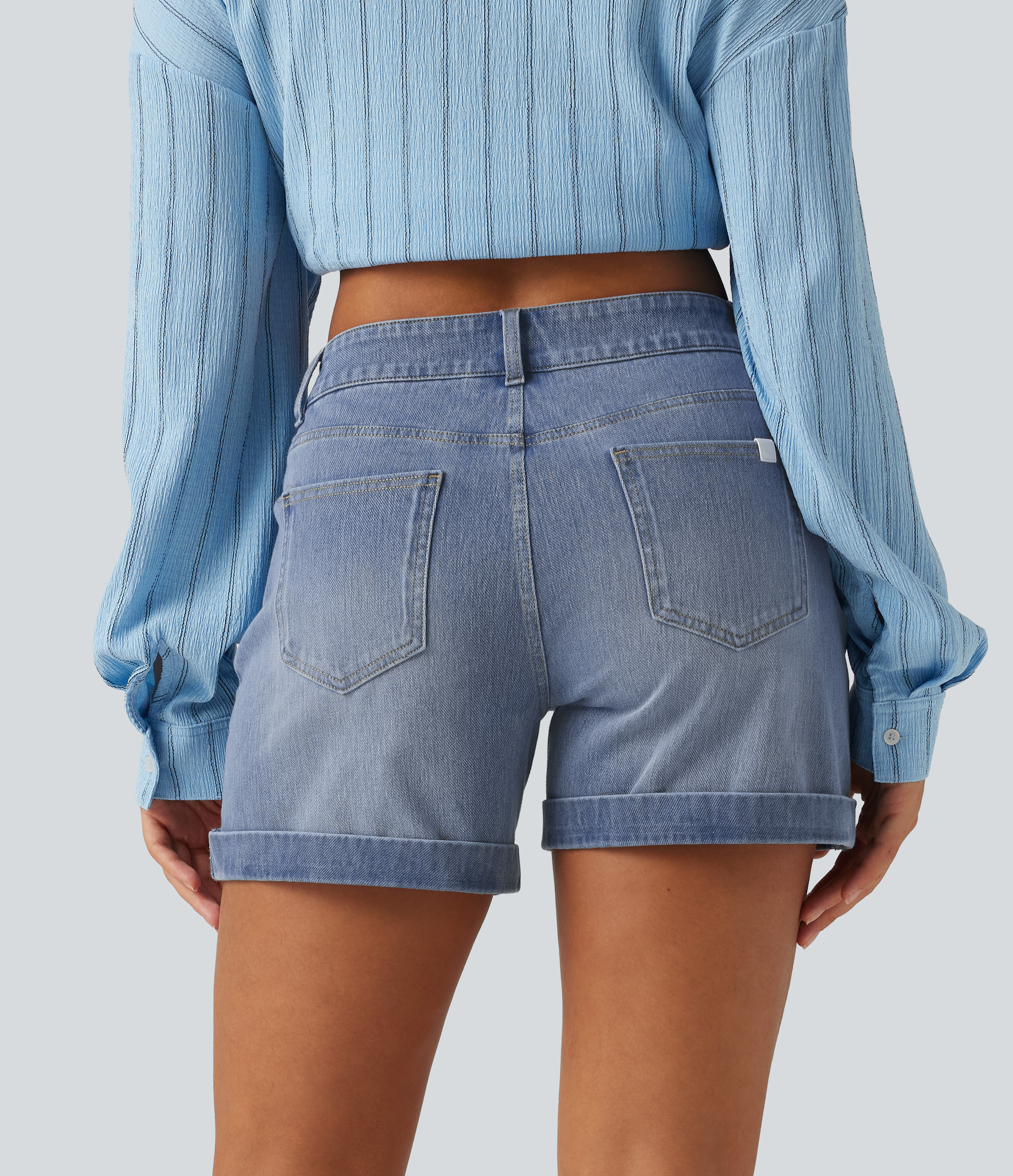 Malibu Blue Denim Halara Flex™ Denim Low Rise Rolled Hem Casual Shorts 5" with Pockets / 2