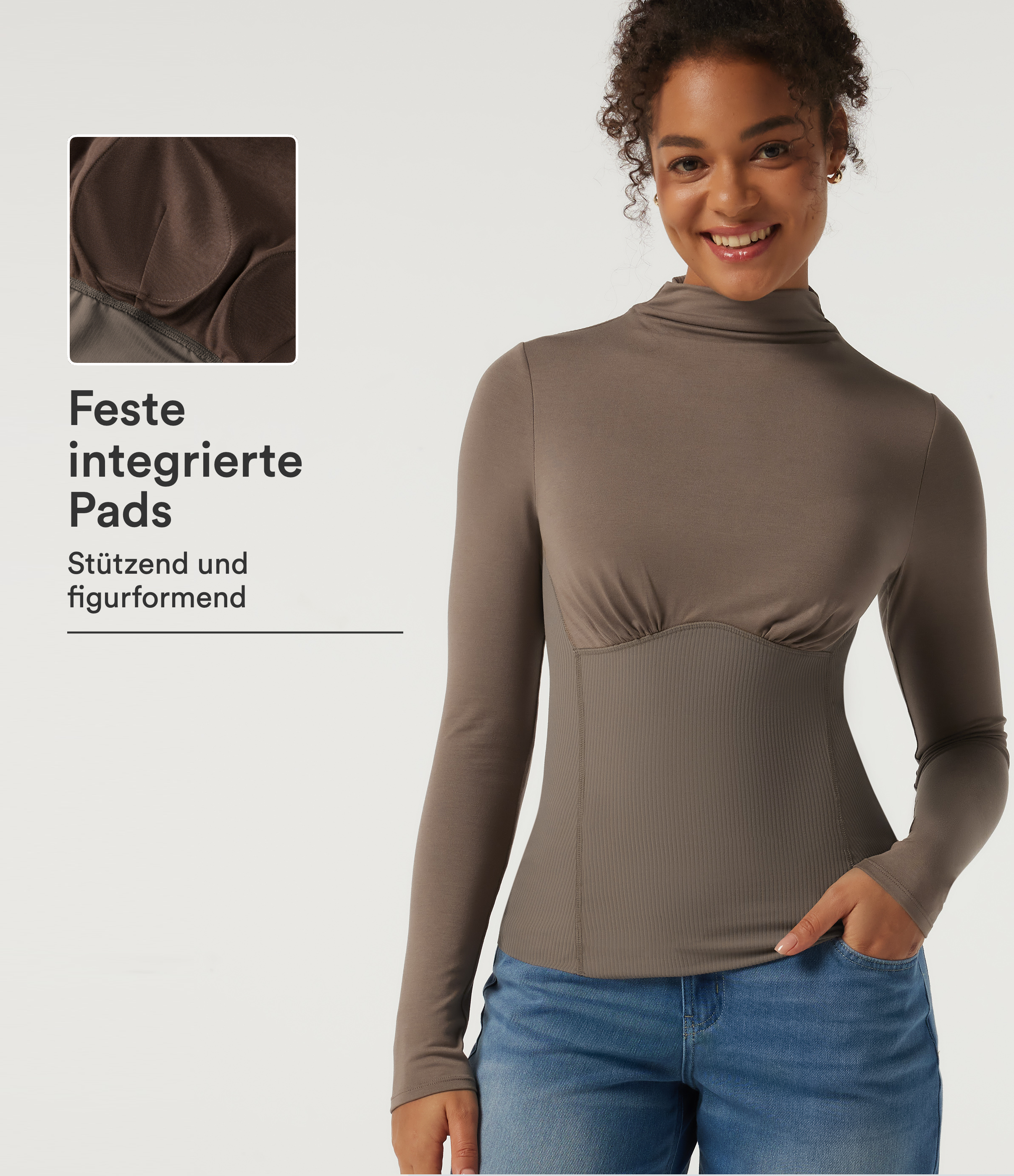 Dawn Brown Lässiges, gerafftes Top mit hohem Kragen, langen Ärmeln und integriertem BH / 1