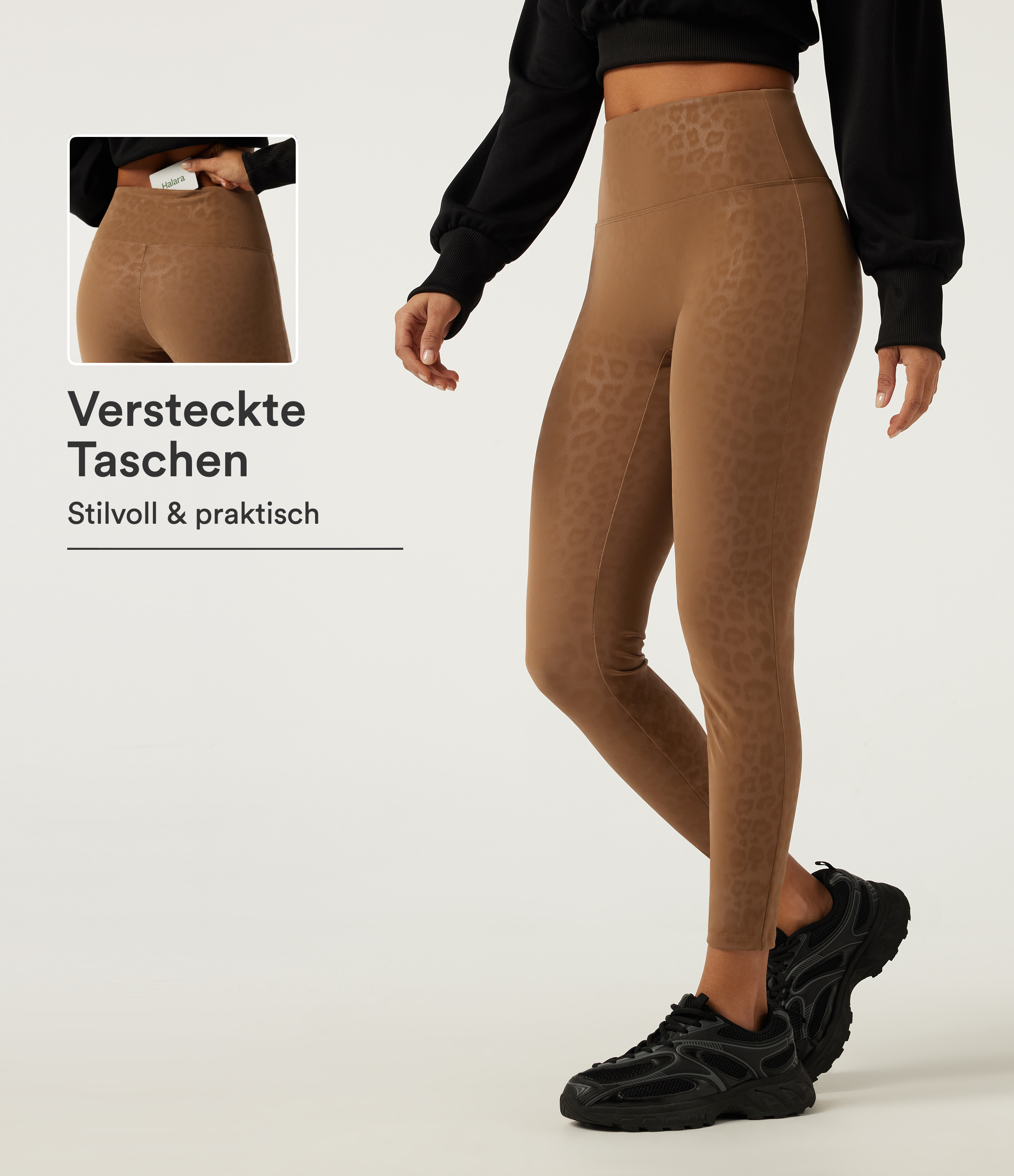 Lässige Fleece-Leggings aus elastischem Kunstleder mit mittelhohem Bund, Bundtasche und Leopardenmuster
