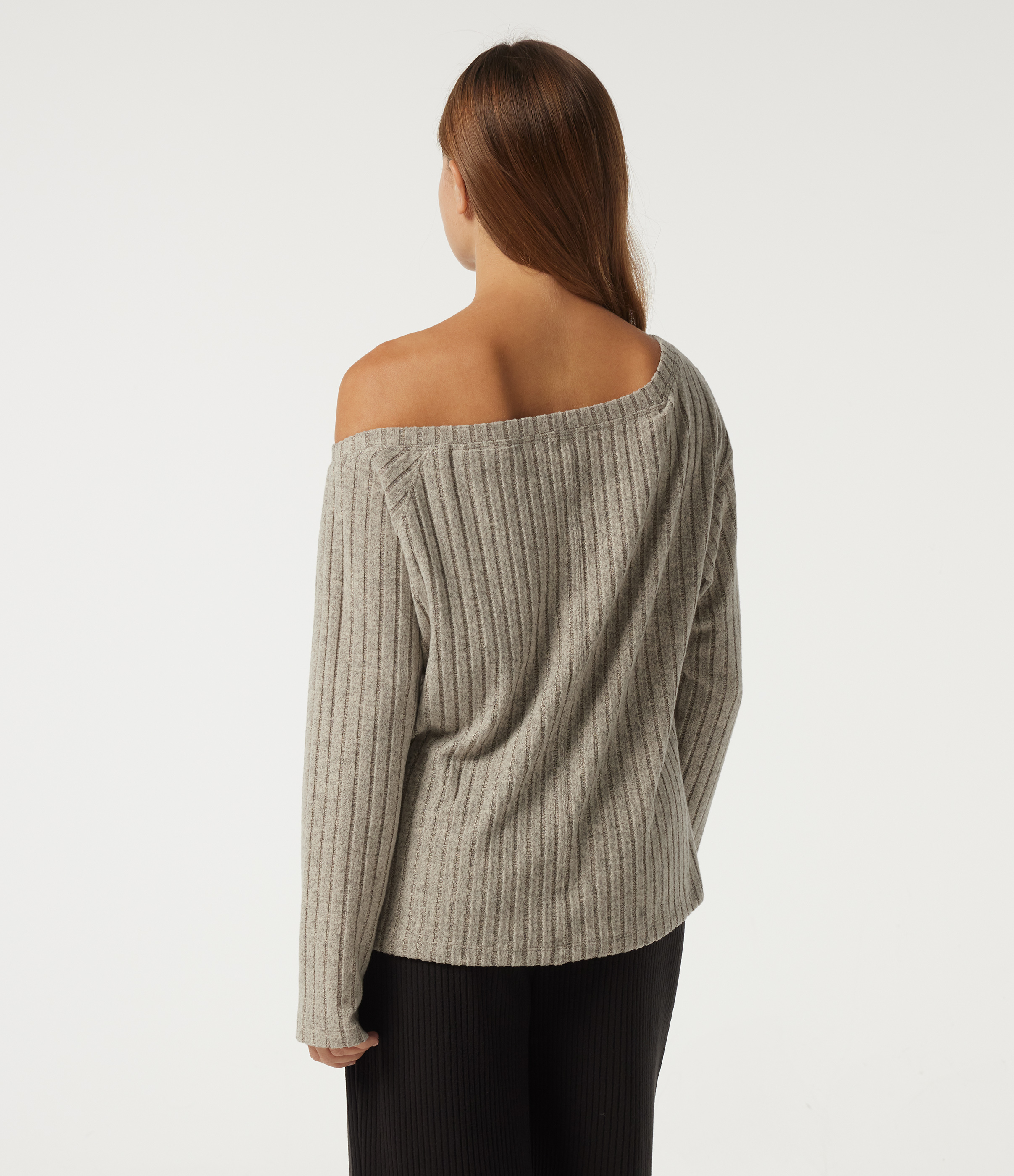 Warm Grey Floral Velvet Ribbed Knit One Shoulder Long Sleeve Built-in Bra Asymmetric Lounge Top / 2
