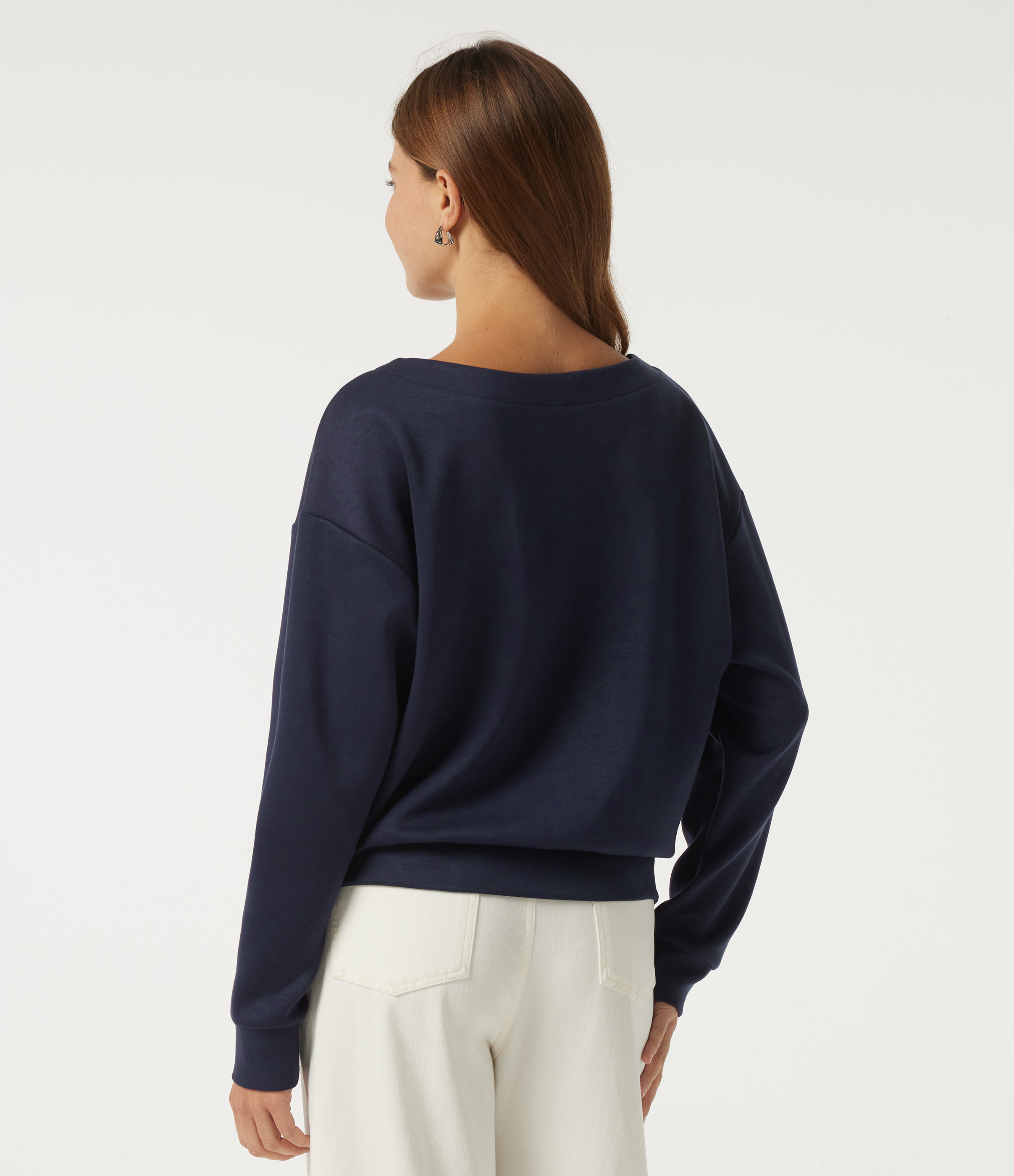 Midnight Blue V Neck Dropped Long Sleeve Stripe Color Block Casual Pullover Sweatshirt / 2