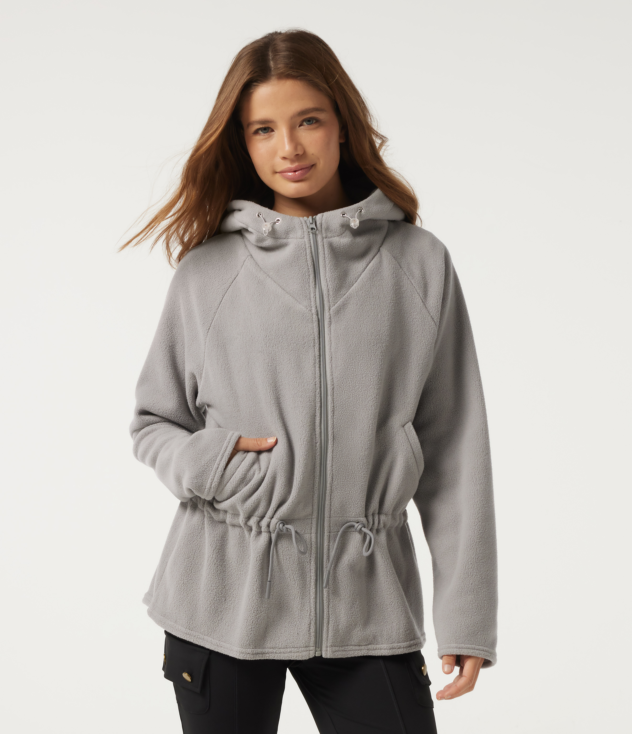 Hooded Long Sleeve Drawstring Curved Hem Fleece Casual Coat with Pockets