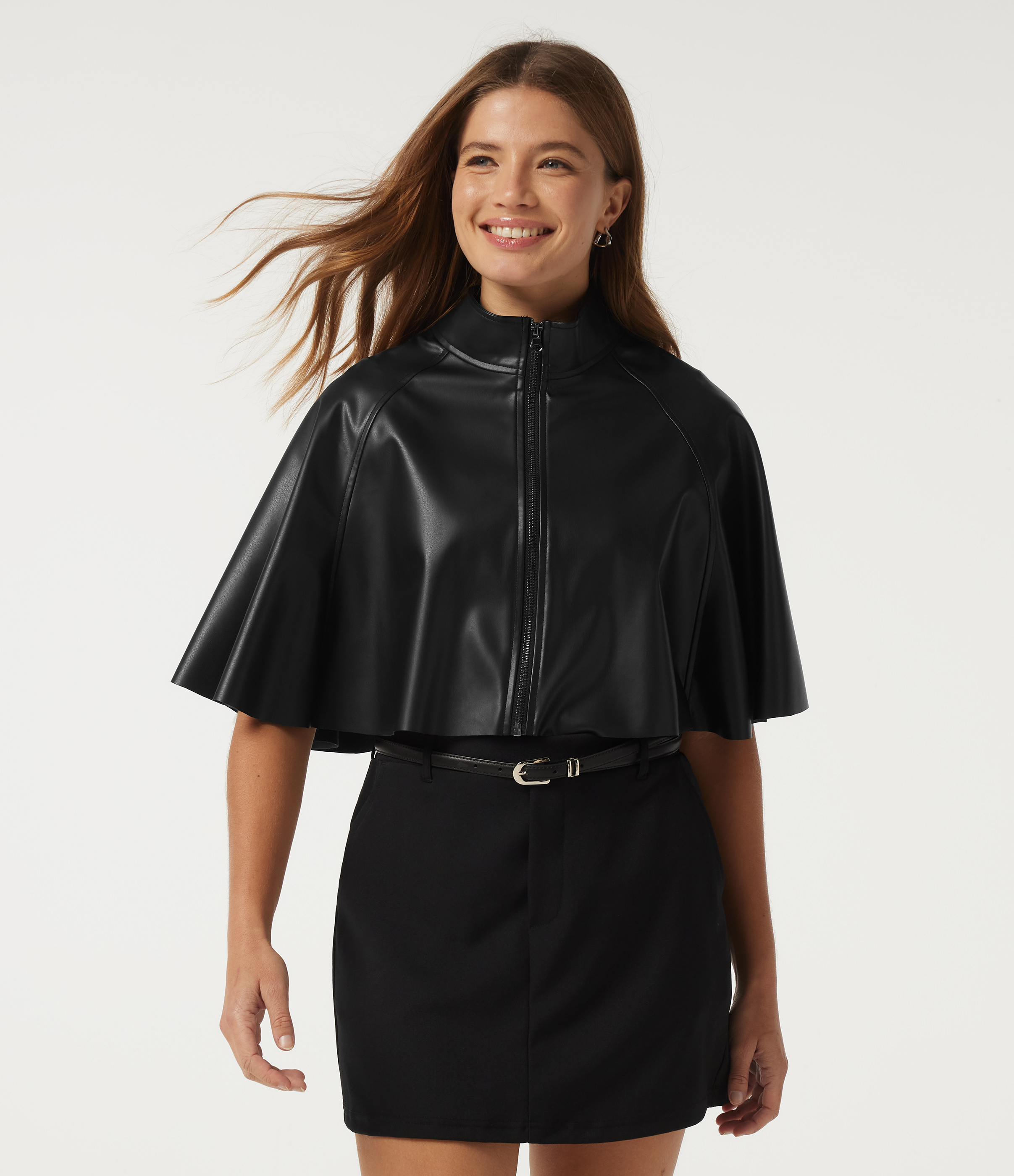 Mock Neck Sleeveless Work Faux Leather Jacket