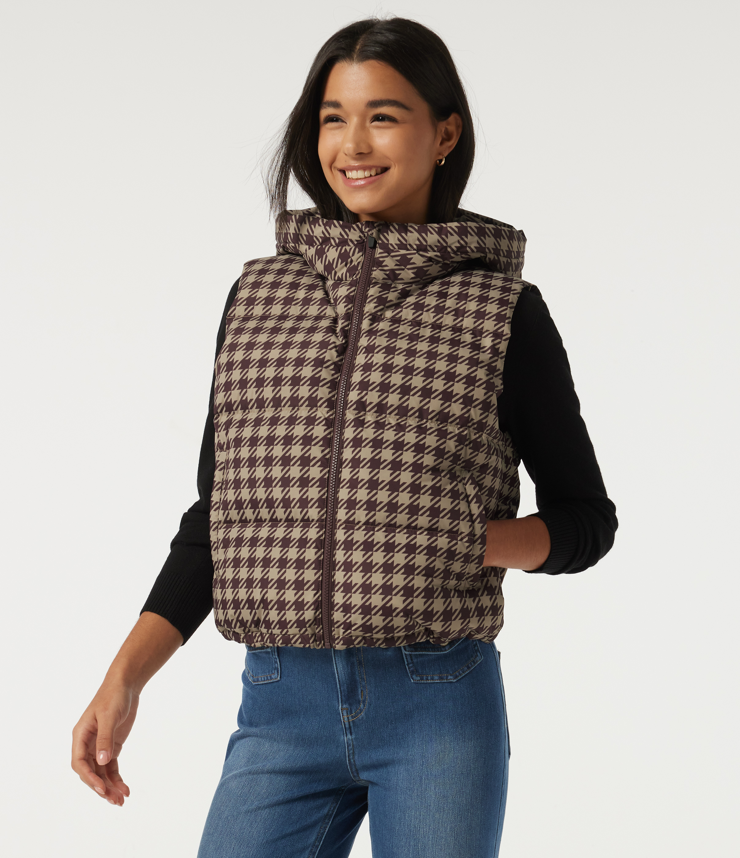 Hooded Quilted Print Casual Padded Vest with Pockets