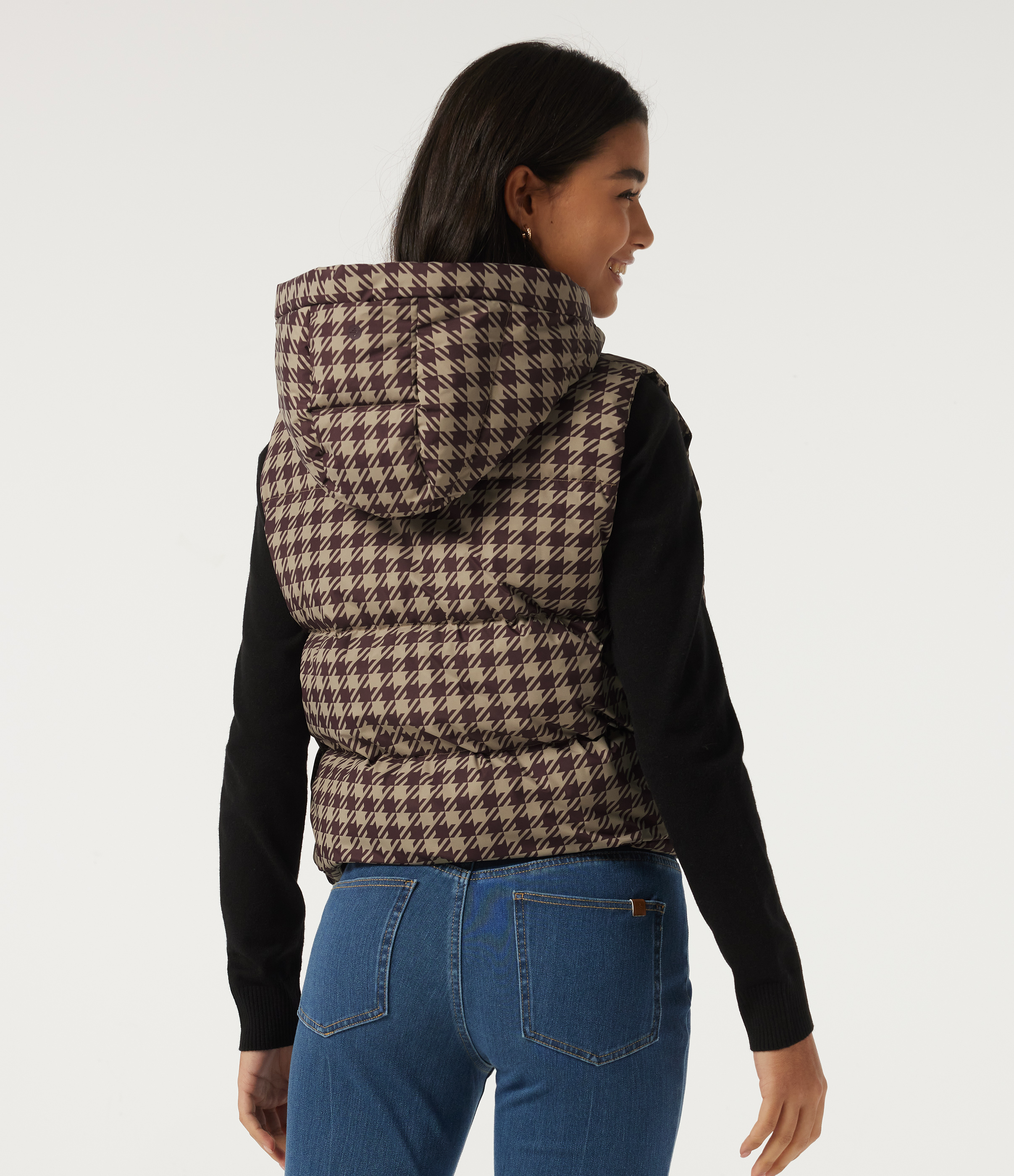 Plum Jam Check Hooded Quilted Print Casual Padded Vest with Pockets / 2