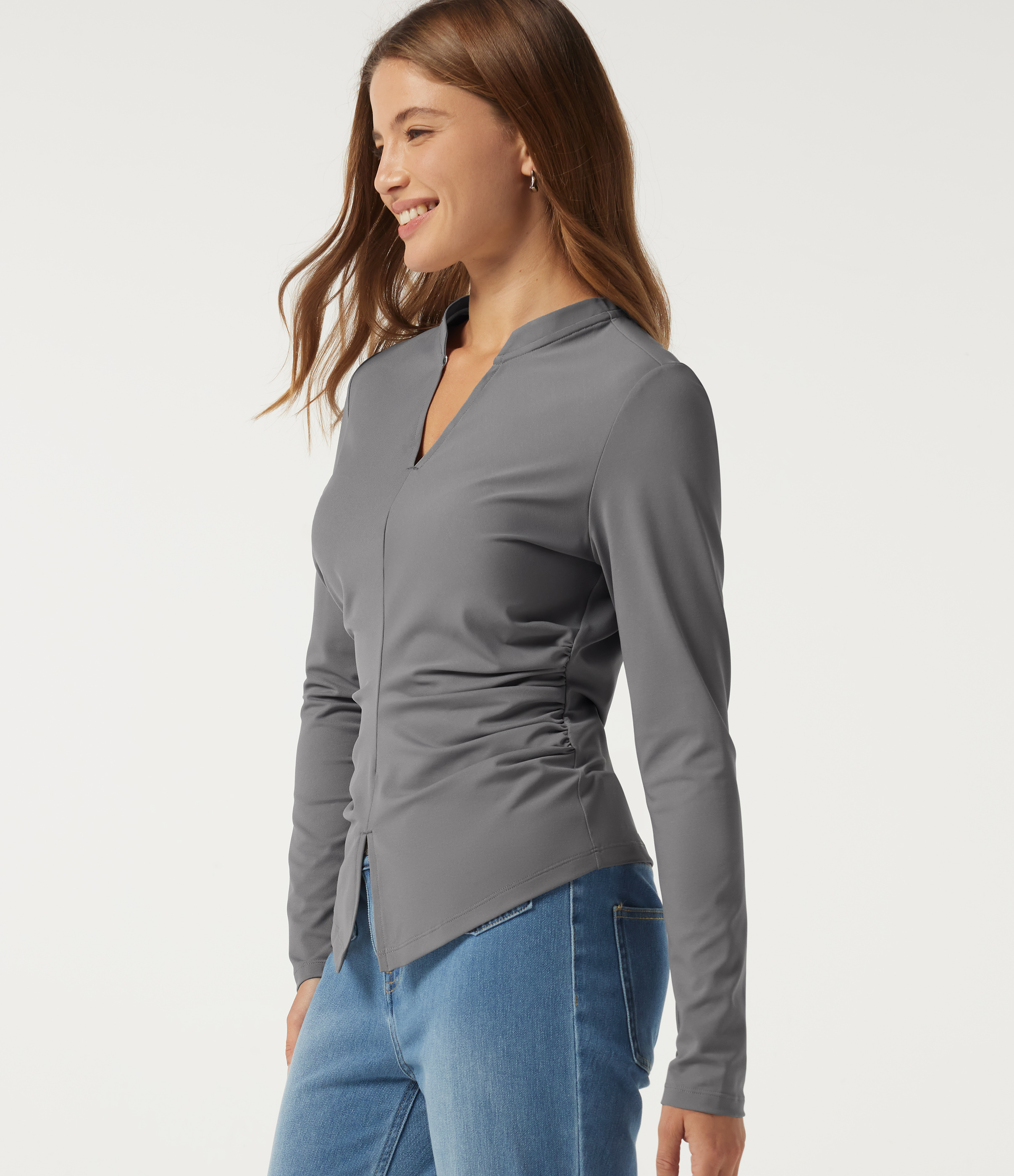 V Neck Long Sleeve Ruched Casual Top