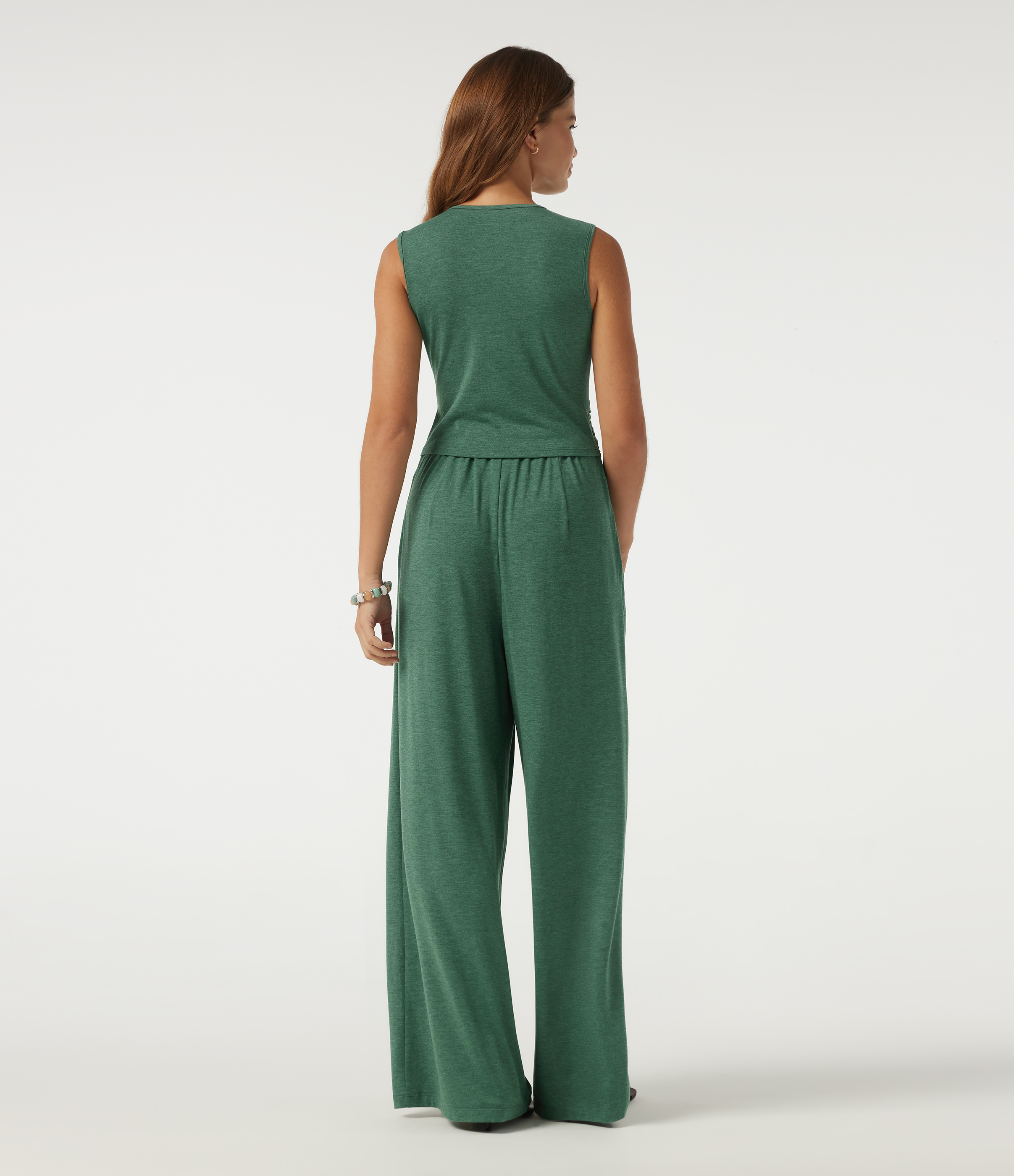 Dark Green Floral Yarn  V Neck Sleeveless Casual Jumpsuit with Pockets-Easy Peezy Edition / 2