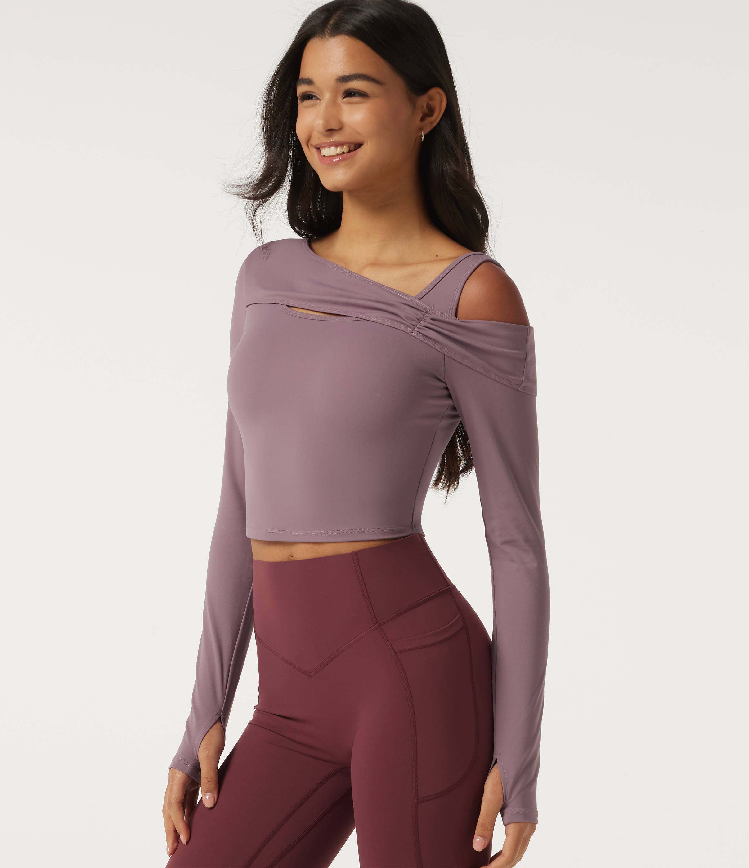 SoftlyZero™ Plush One Shoulder Long Sleeve Asymmetric Ruched Yoga Sports Top with Thumbholes