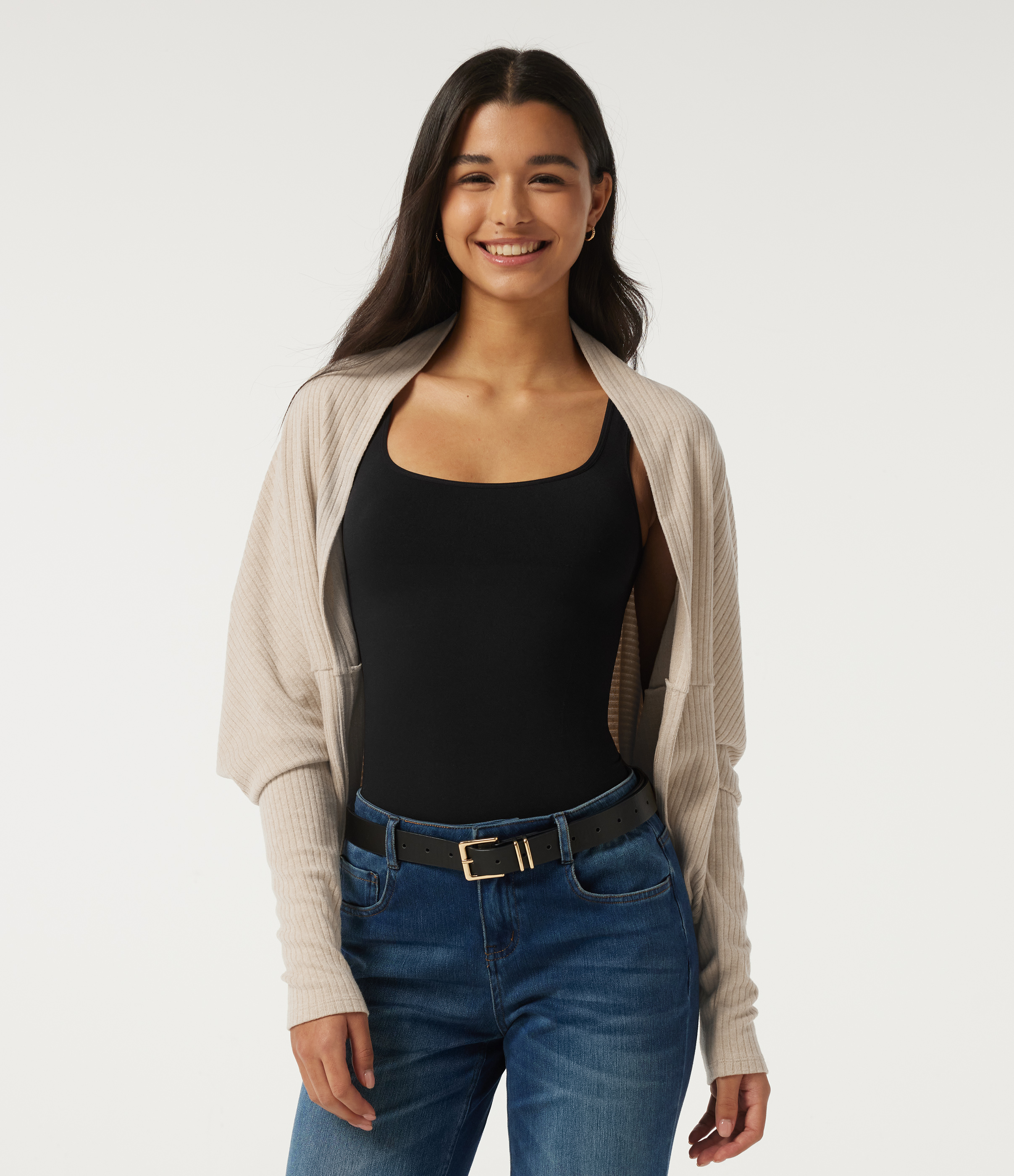 Ribbed Knit Batwing Long Sleeve Curved Hem Casual Cardigan