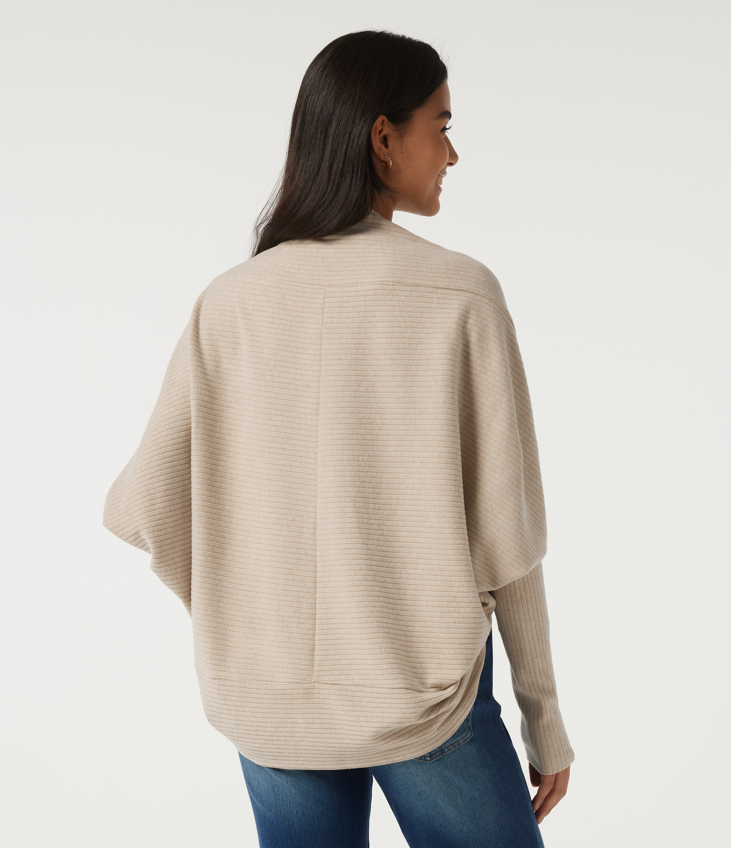 Fog Ribbed Knit Batwing Long Sleeve Curved Hem Casual Cardigan / 2