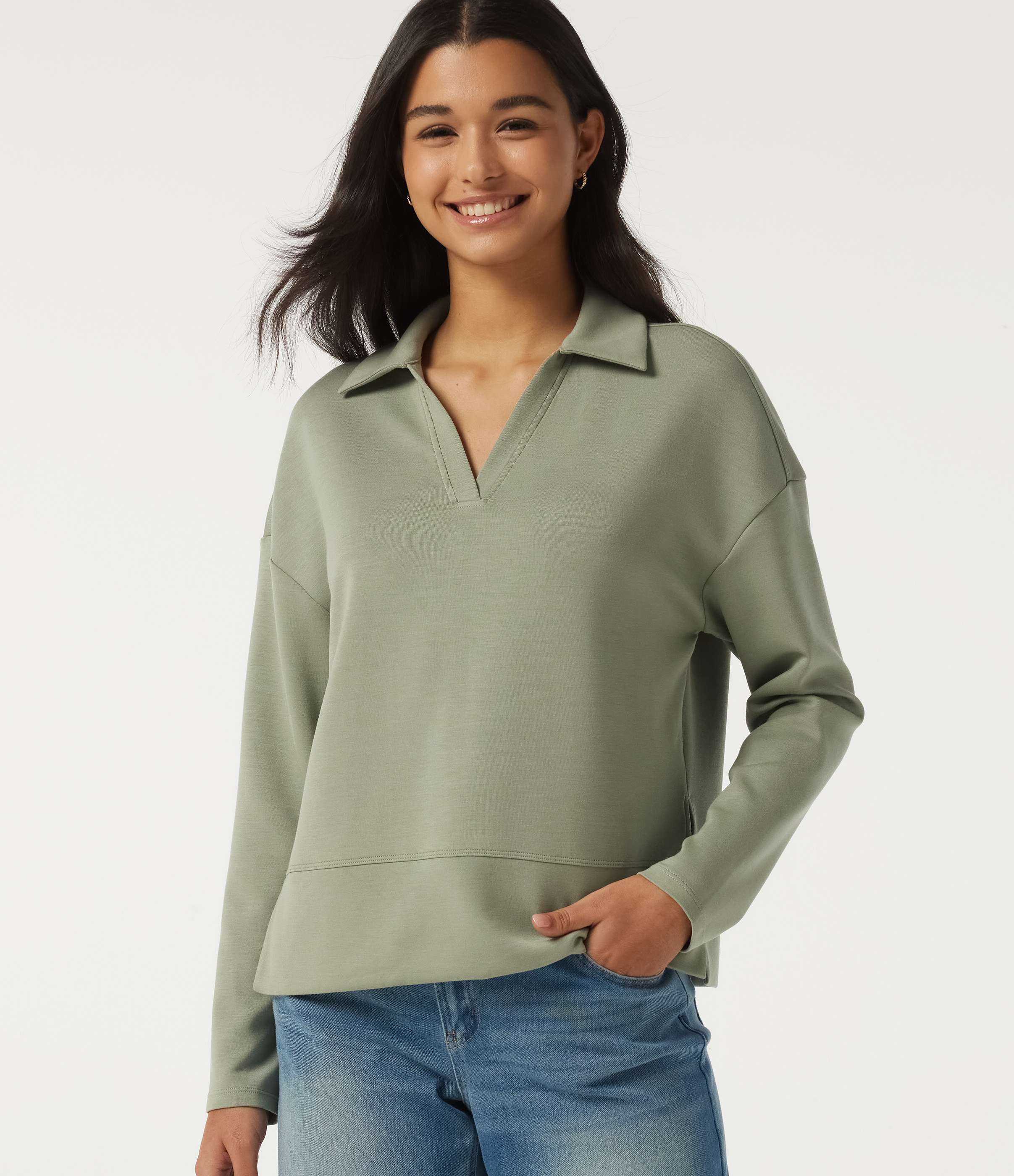SpacerTek™ sweat-shirt décontracté à col revers, manches longues et ourlet fendu