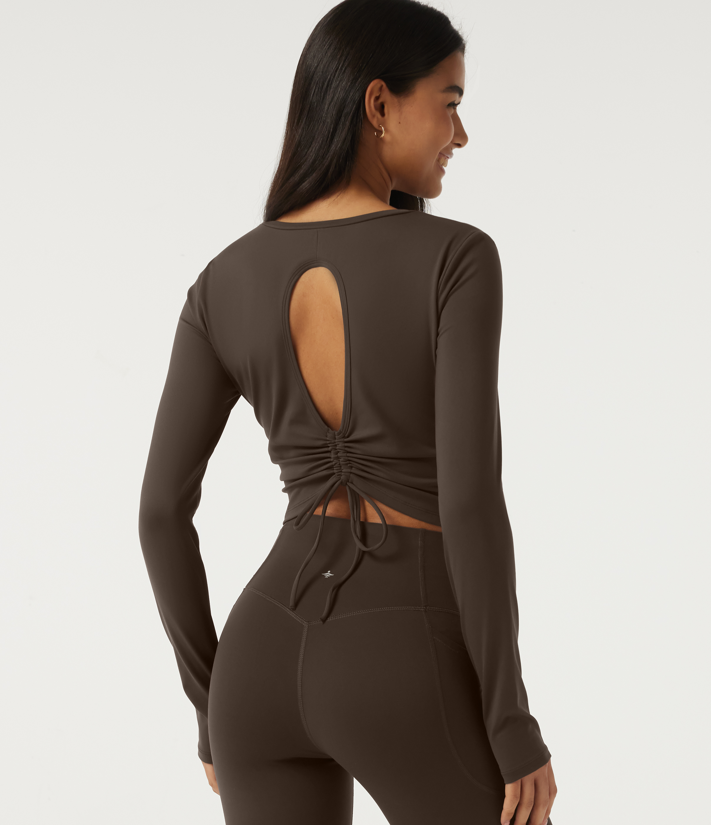 SoftlyZero™ Plush Round Neck Long Sleeve Backless Ruched Yoga Sports Top with Thumb Holes