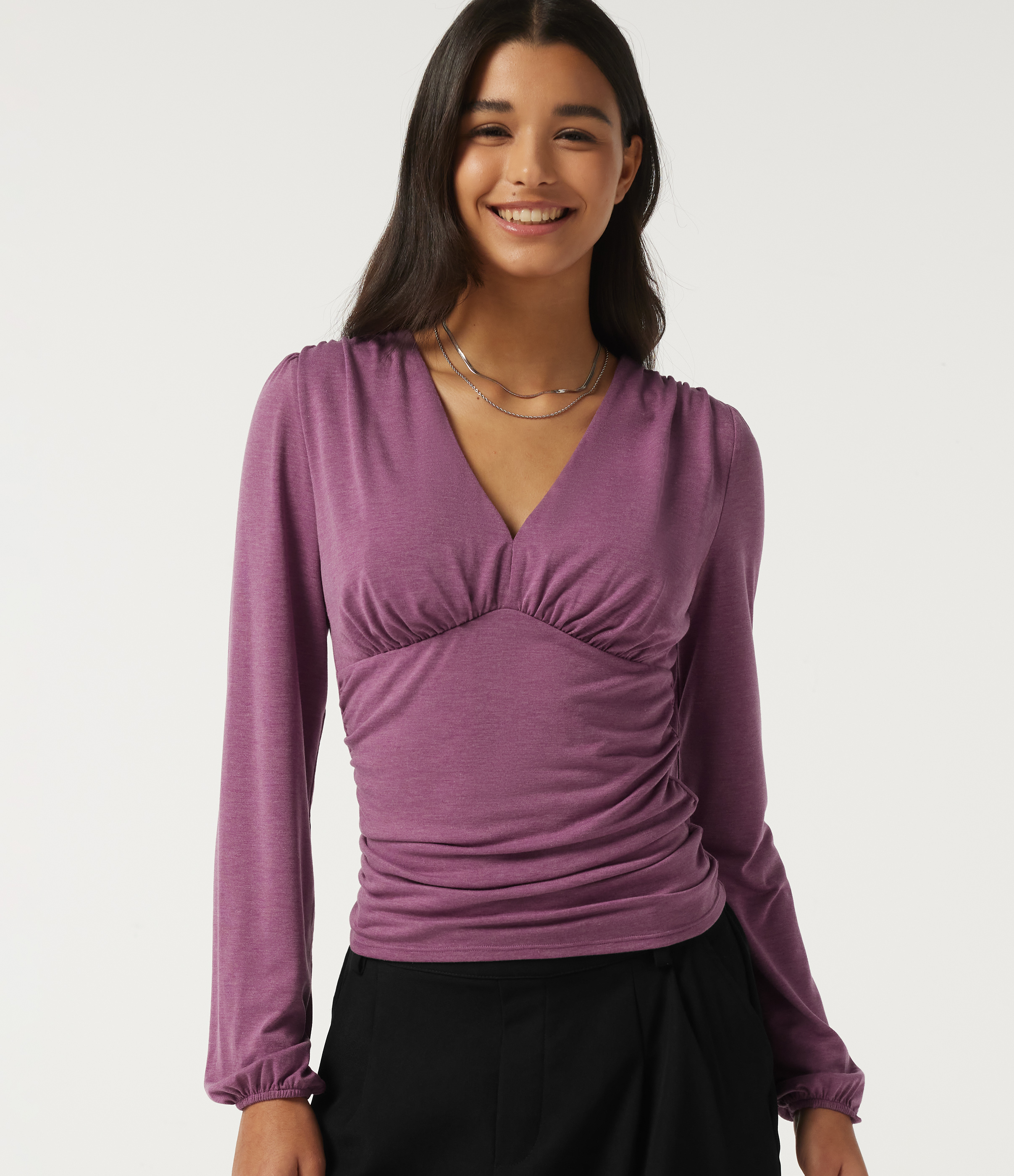 V Neck Puff Long Sleeve Ruched Work Top