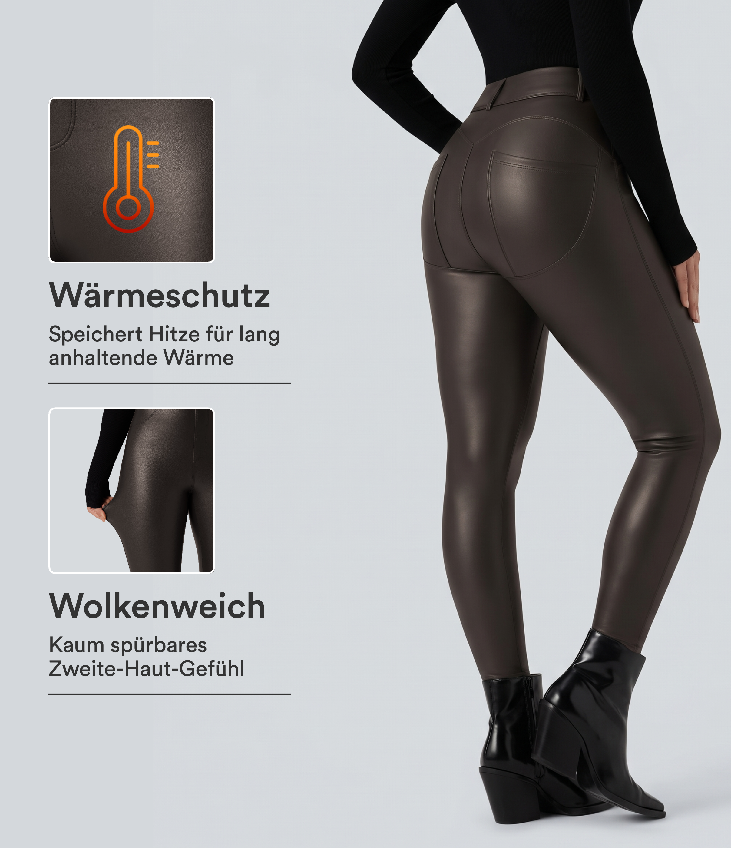 Lässige Fleece-Leggings aus dehnbarem Kunstleder mit hohem Bund und Gesäßtaschen