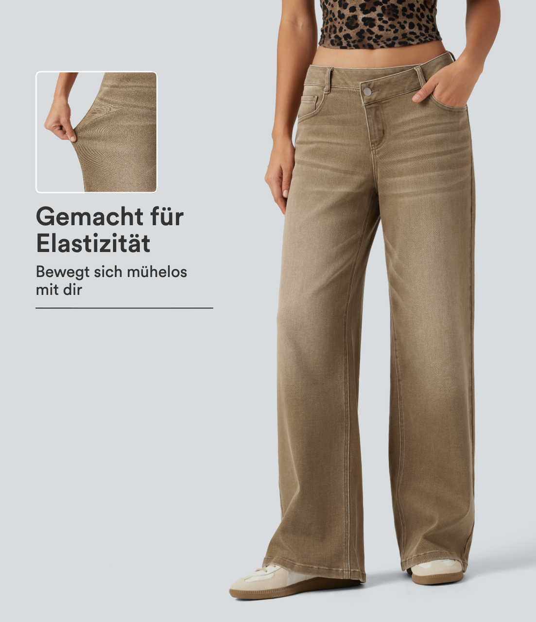 Lässige Jeans mit niedrigem Crossover-Bund, mehreren Taschen und weitem Bein
