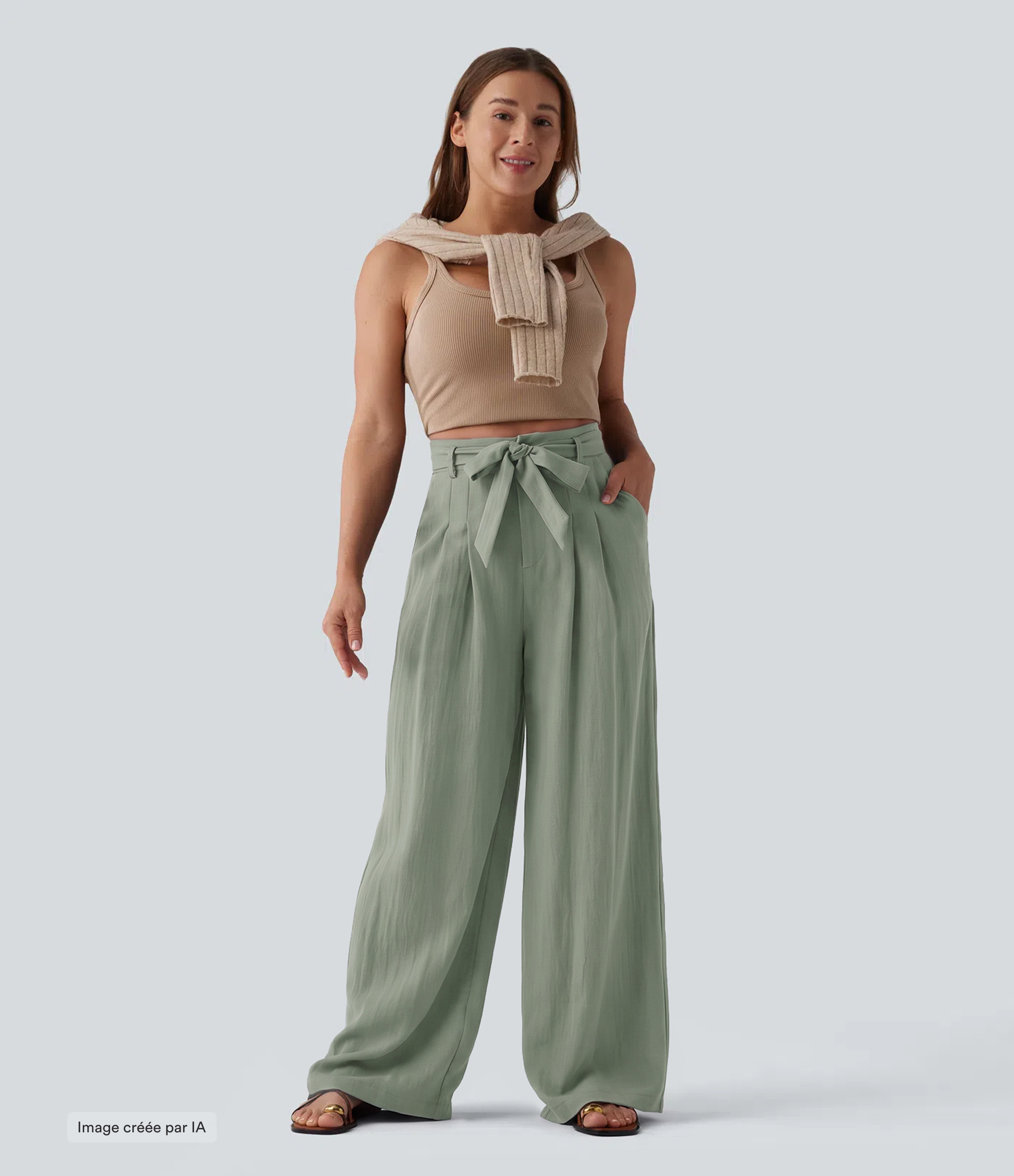 Desert Sage Pantalon casual ample taille haute aspect lin avec ceinture et poches / 2