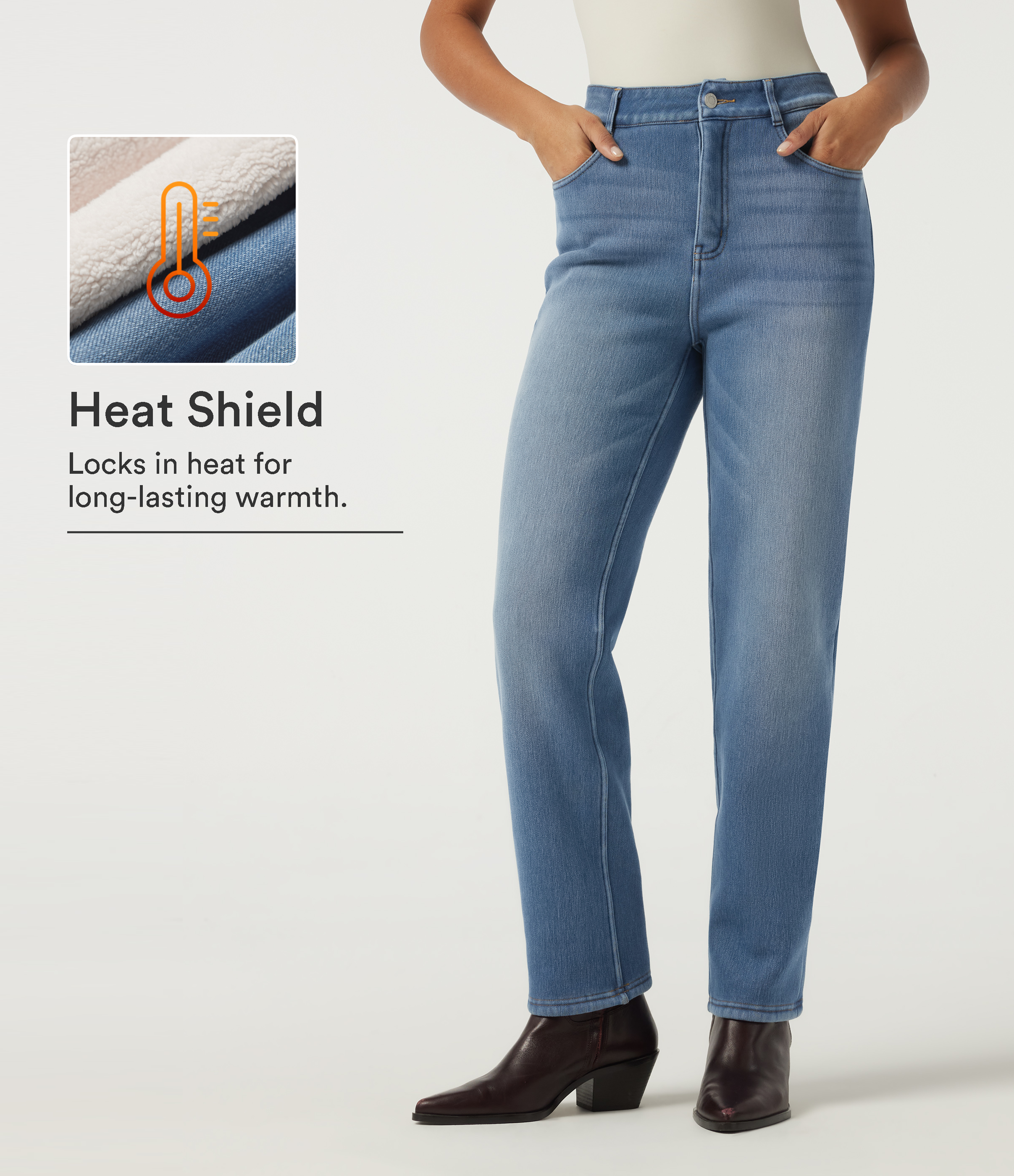 High Waisted Straight Leg Fleece Casual Jeans with Pockets