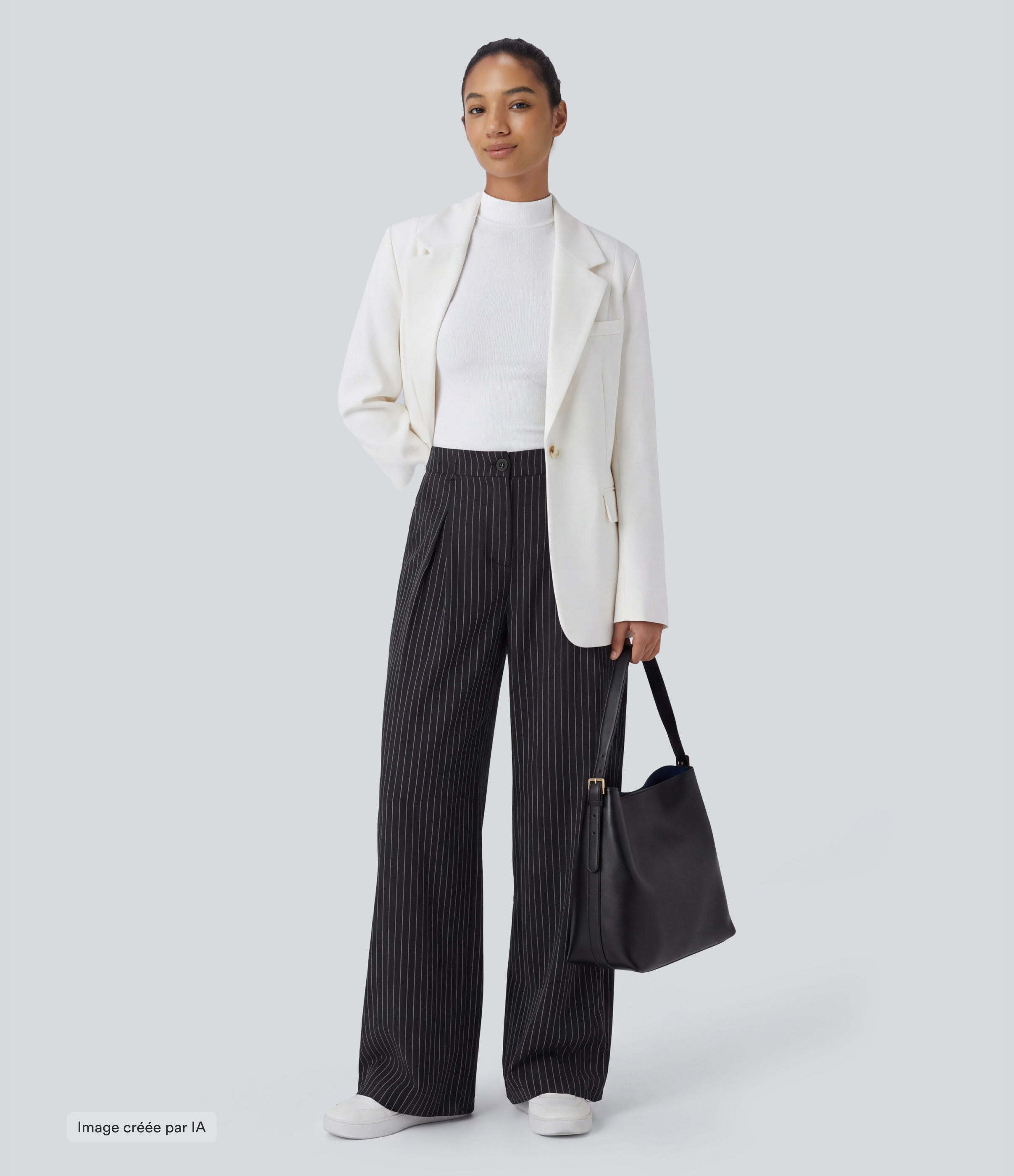 Noir Pantalon Tailleur Large Fluide à Rayures, Taille Haute, Bouton et Fermeture Éclair, Poches Latérales / 2