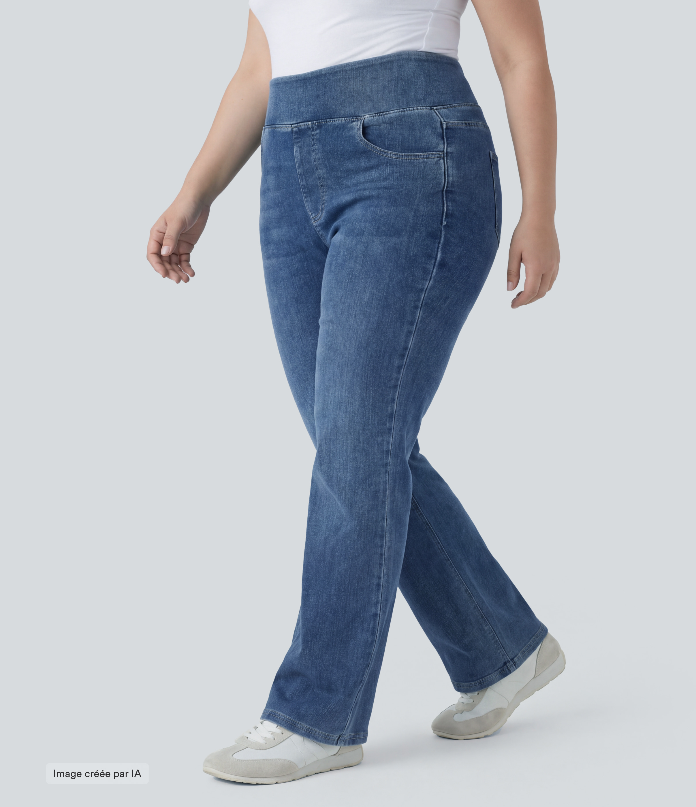 Jean décontracté Halara Flex™ grande taille bootcut taille haute en maille extensible délavée avec multiples poches