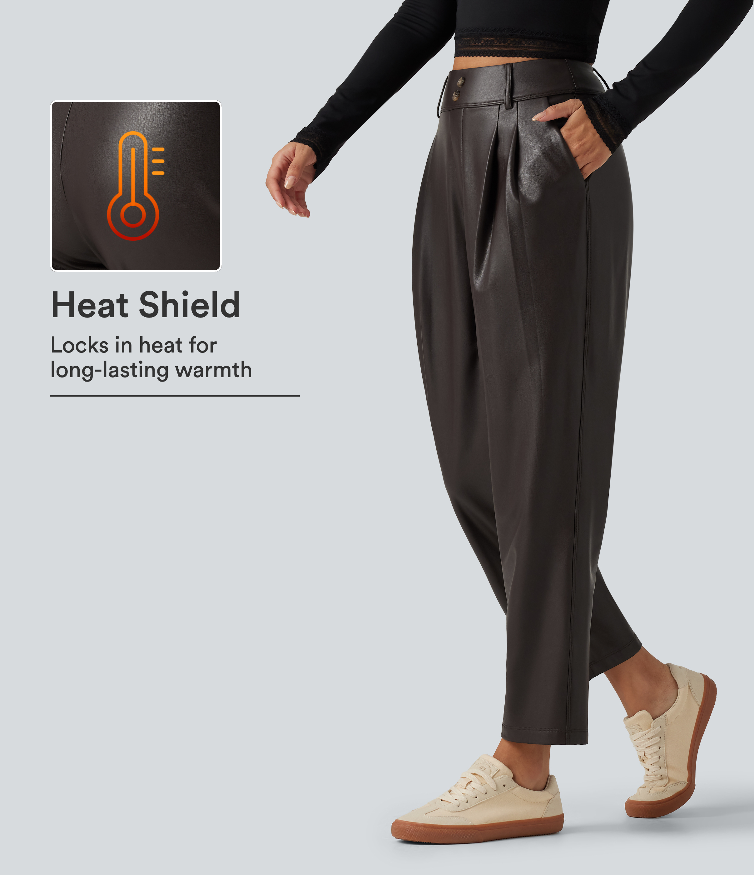 High Waisted Tapered Stretchy PU Fleece Casual Trousers with Pockets