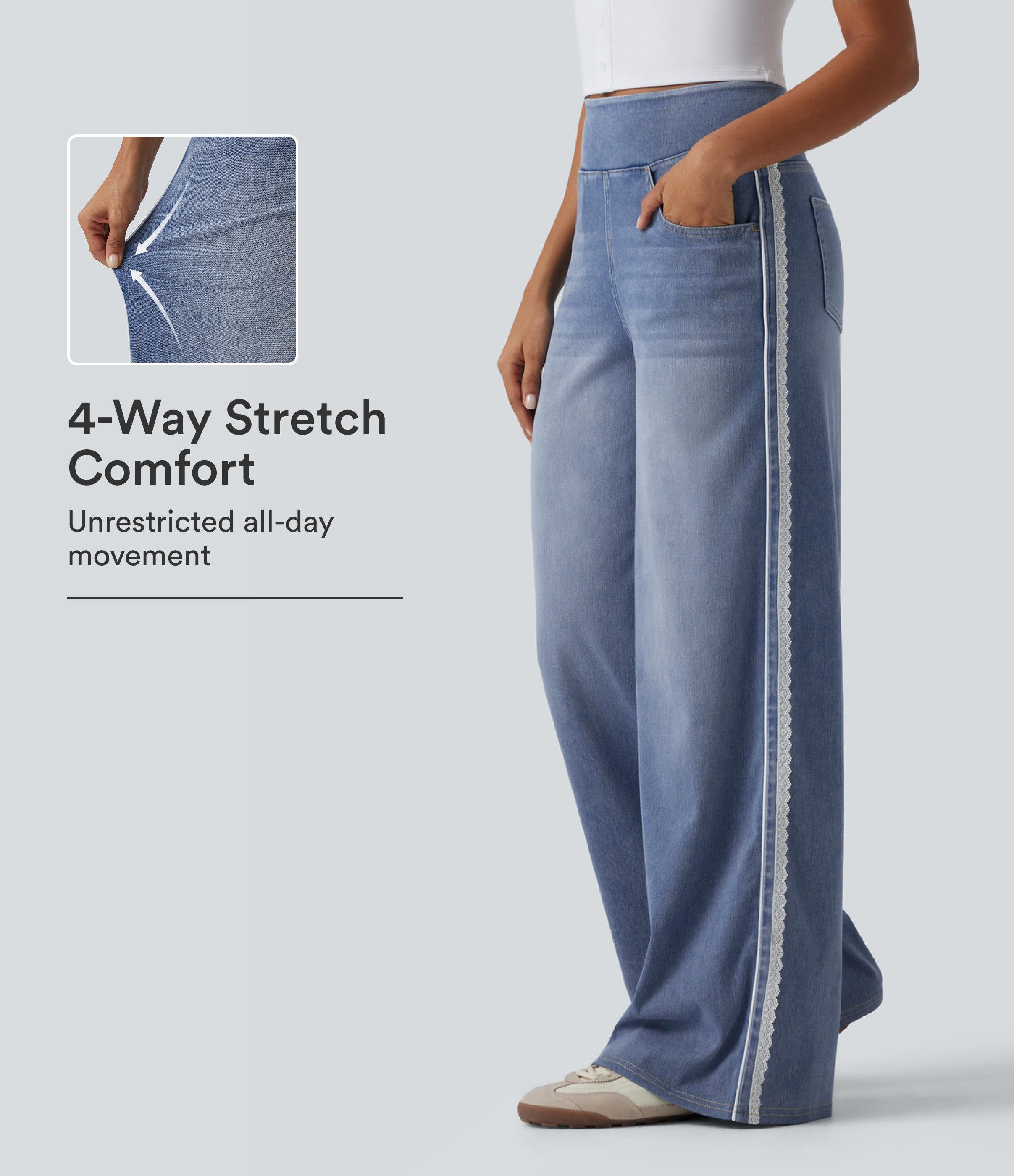 Halara Flex™ High Waisted Wide Leg Contrast Lace Casual Cotton Jeans with Pockets