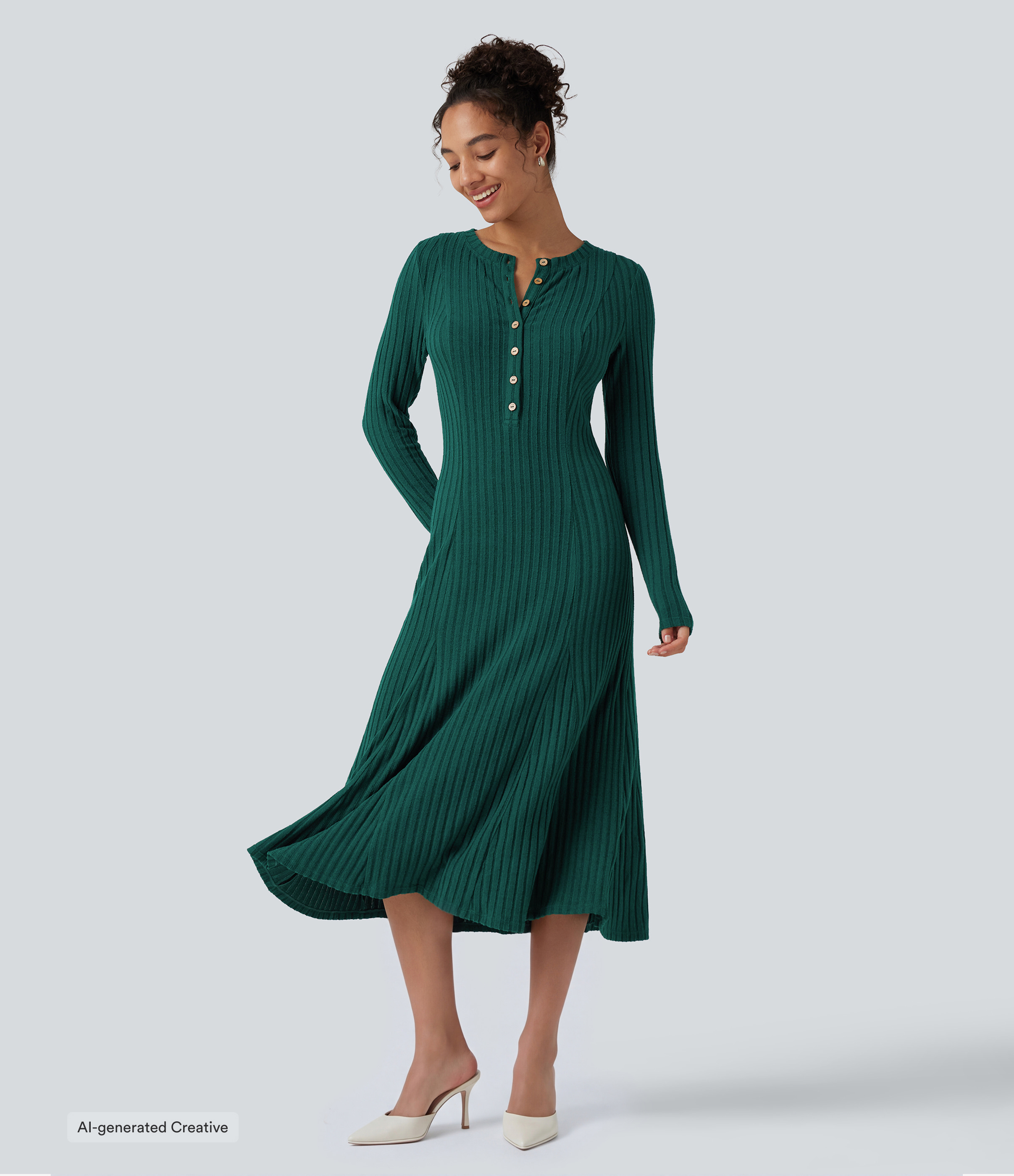 Fitilli triko Henley yakalı, uzun kollu, dökümlü midi günlük elbise